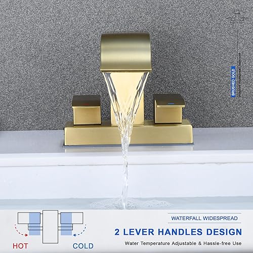 Miniatura 8 de J-HVA Grifo de baño de cascada de oro cepillado con drenaje emergente, 2 manijas de 4 pulgadas, grifo central para lavabo de baño