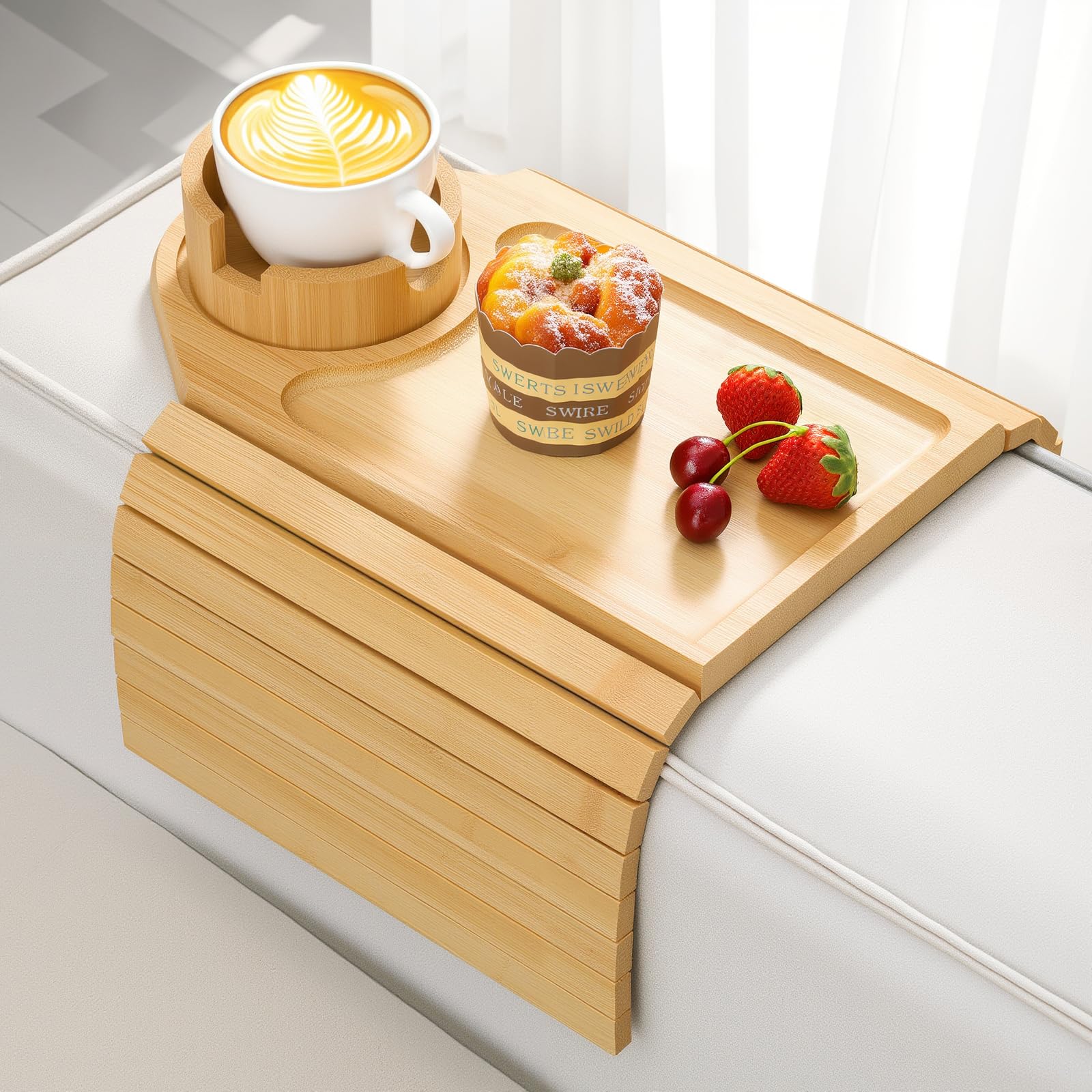 Bandeja de Brazo de Sofá, Mesa Bandeja de Bambú para Sofá, Bandeja para Brazo de Sofá con Portavasos, Organizador Antideslizante para Reposabrazos para Bebida, Taza, Merienda, Control, Natural