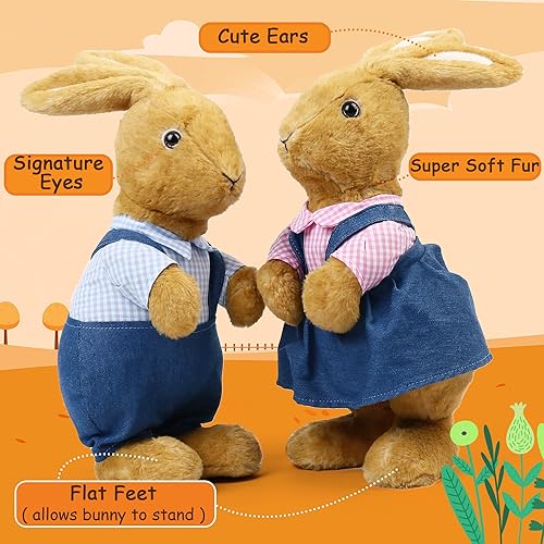 Miniatura 10 de BenBen Peluche de conejo, peluche de conejo marrón de 12 pulgadas para decoración del hogar, conejo de peluche con ropa azul para niños, regalos