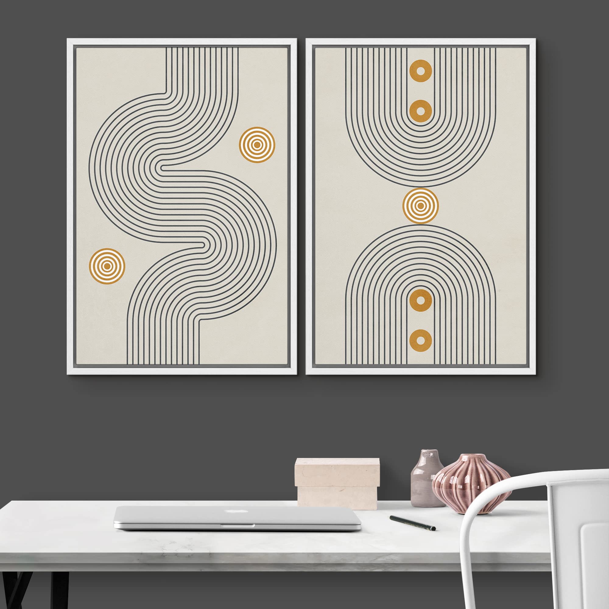 IDEA4WALL Oprawiony wydruk na płótnie sztuka ścienna zestaw geometryczny z połowy wieku żółte czarne spirale natura dzika ilustracje sztuka nowoczesna rustykalna dekoracja do salonu, sypialni, biura L - 40 cm x 61 cm biały