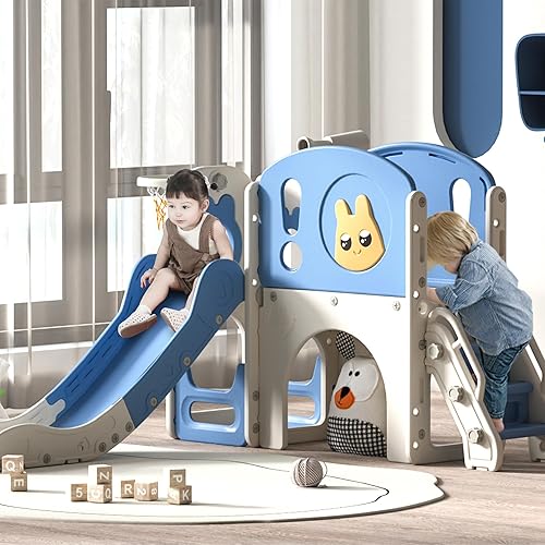 Miniatura 8 de Juego de tobogán y escalador 8 en 1 para niños pequeños, parque infantil con escaleras, túnel, telescopio, almacenamiento, aro de baloncesto y
