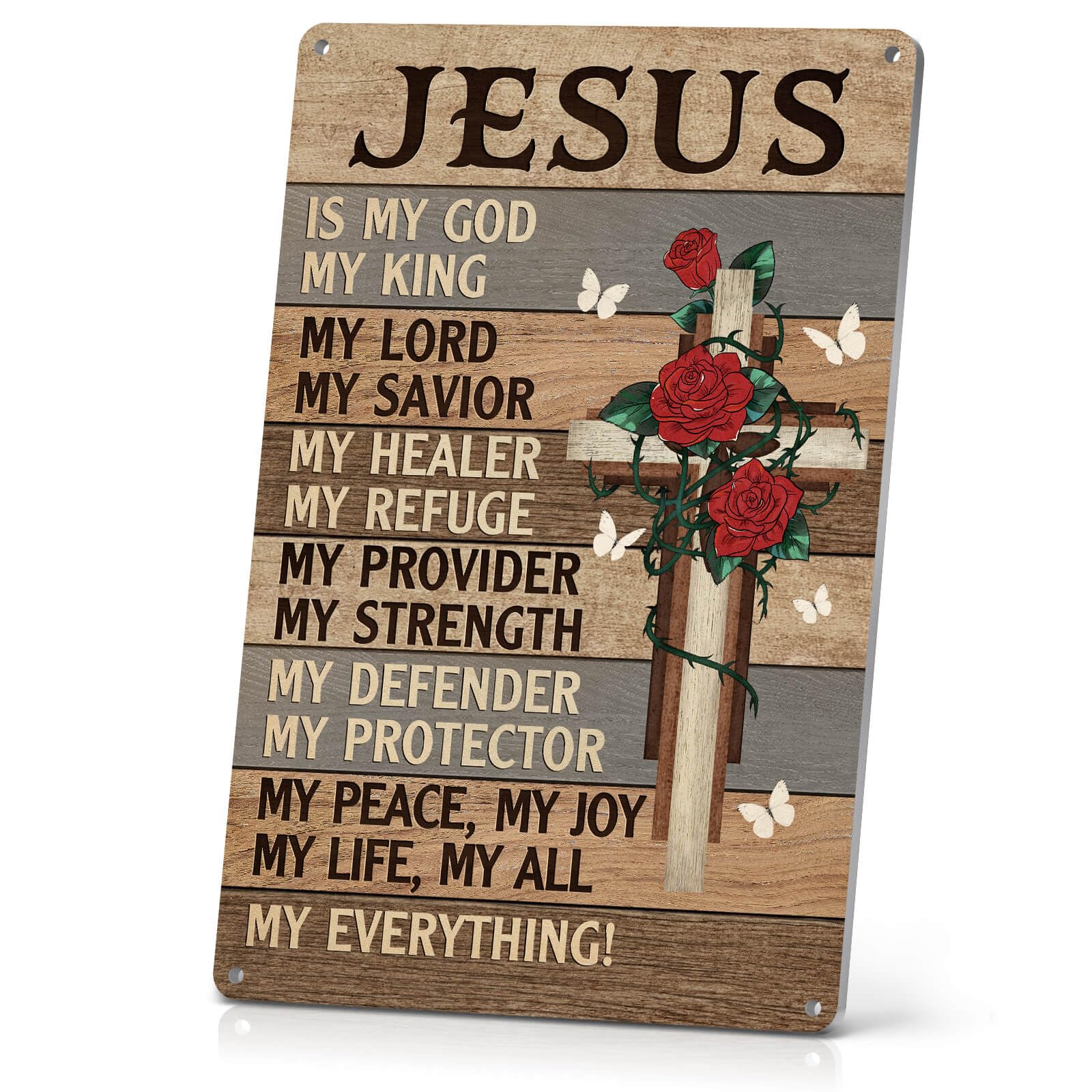Jesus Is King Metal Sign Vintage - Christian Gifts for Women/Men - Religious Wall Art - Bible Verses Signs for Home Prayer Room Decor 12x8 Inch