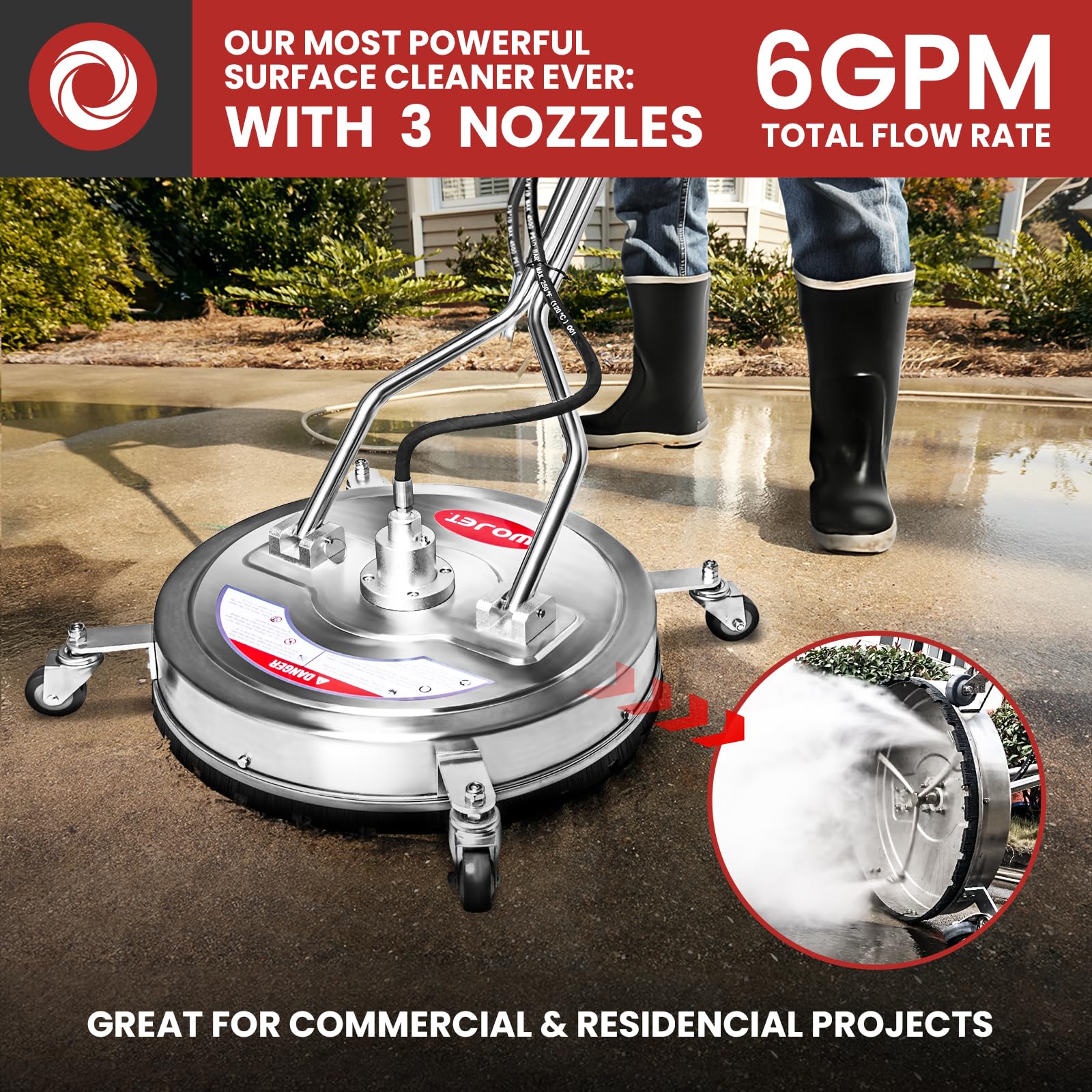 WOJET 22" Pressure Washer Surface Cleaner with 4 Wheels & Dual Handles & 3 Nozzles, 4500PSI 6GPM Stainless Steel Pressure Washer Attachment for Concrete Driveway Sidewalk Deck Patio, Commercial Grade