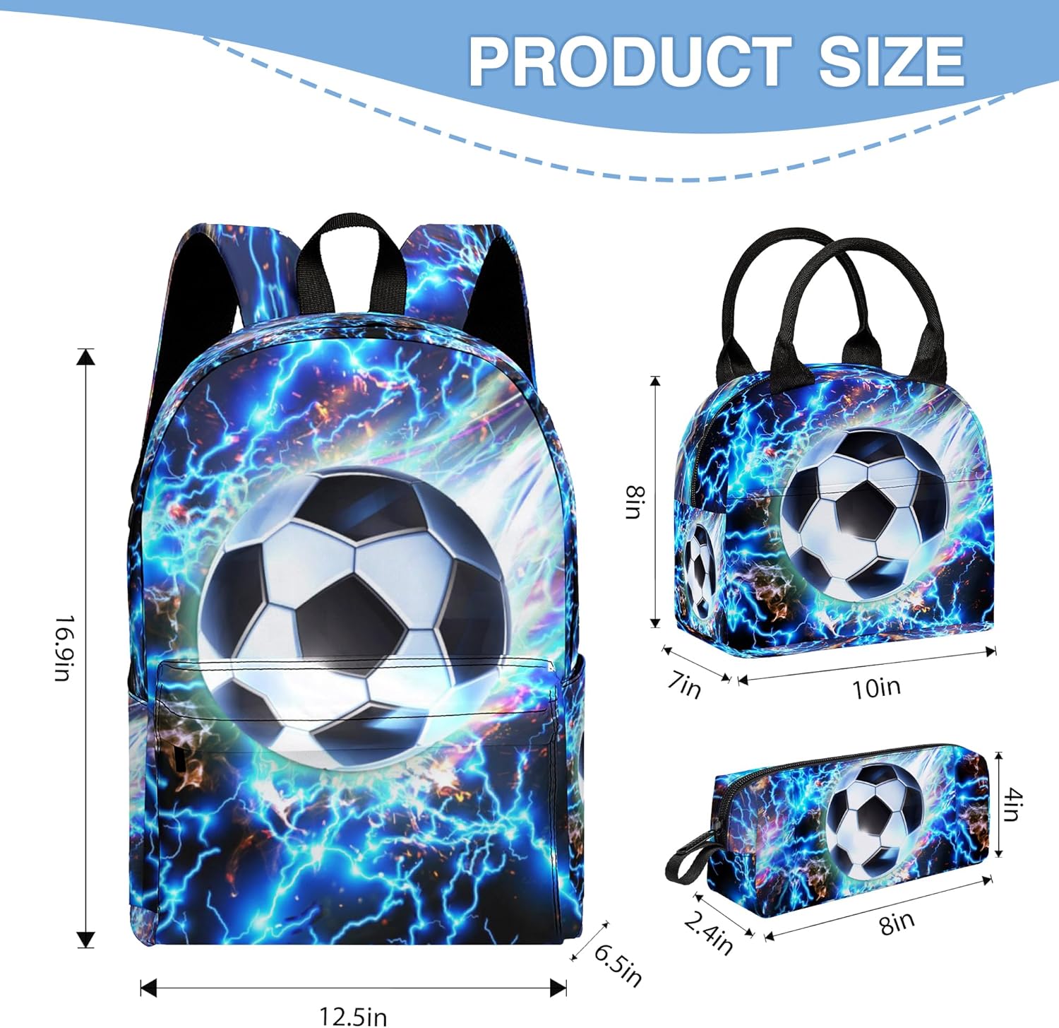 3PCS Backpack for Boys Girls, Kids Backpack Sets with Lunch Bag Pencil Case, Large Capacity 17 Inch Bookpack 3 in 1 Set for Teens Elementary Middle High School Students (Soccer)