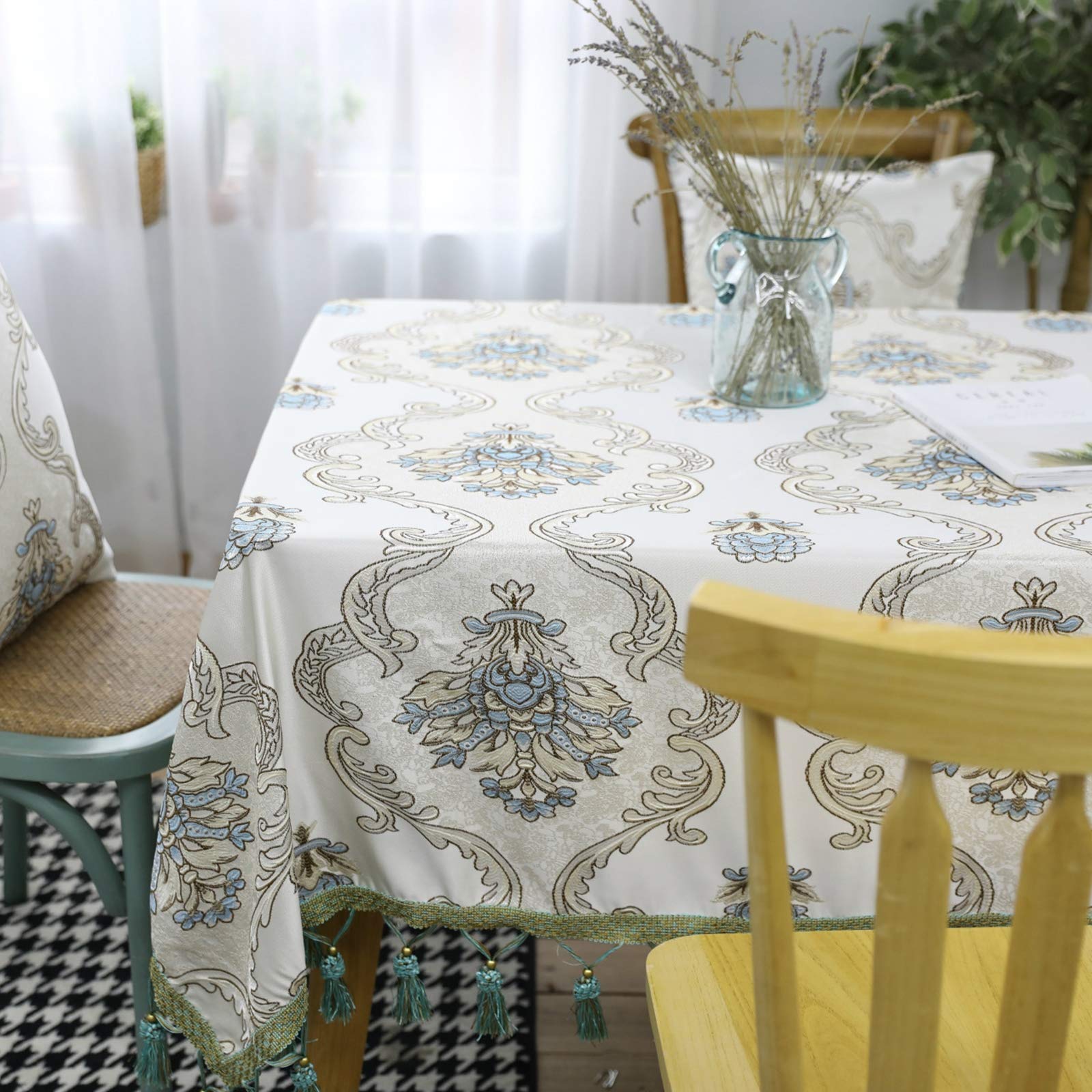 Nappe rectangulaire imprimé fleur macramé beige pour table de cuisine de 130x220cm