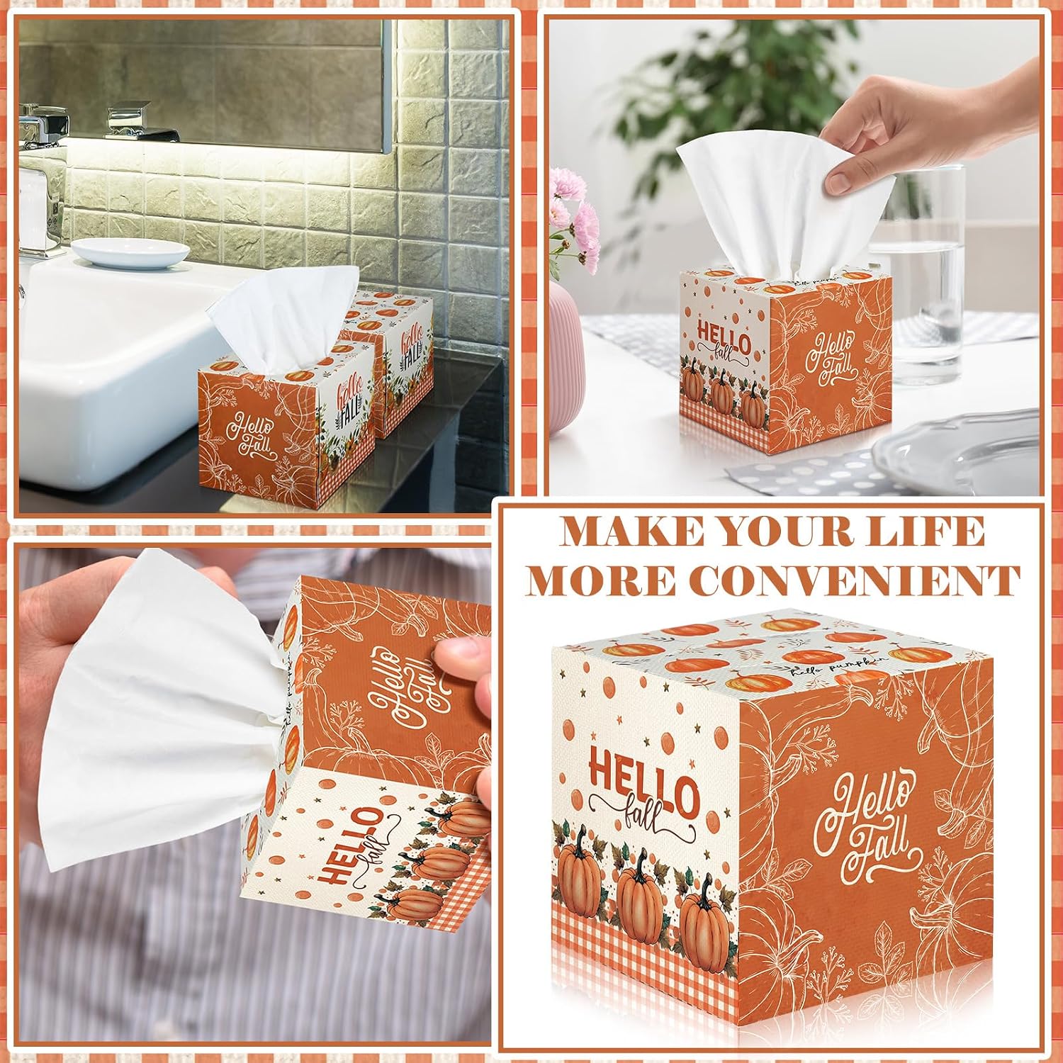 Bencailor 12 Pack Fall Facial Tissues Cube Boxes Hello Fall Pumpkin Facial Tissues Boxes 600 Sheets 3 Ply Thanksgiving Square Tissue Cover for Home Car Accessories(Orange,Pumpkin)