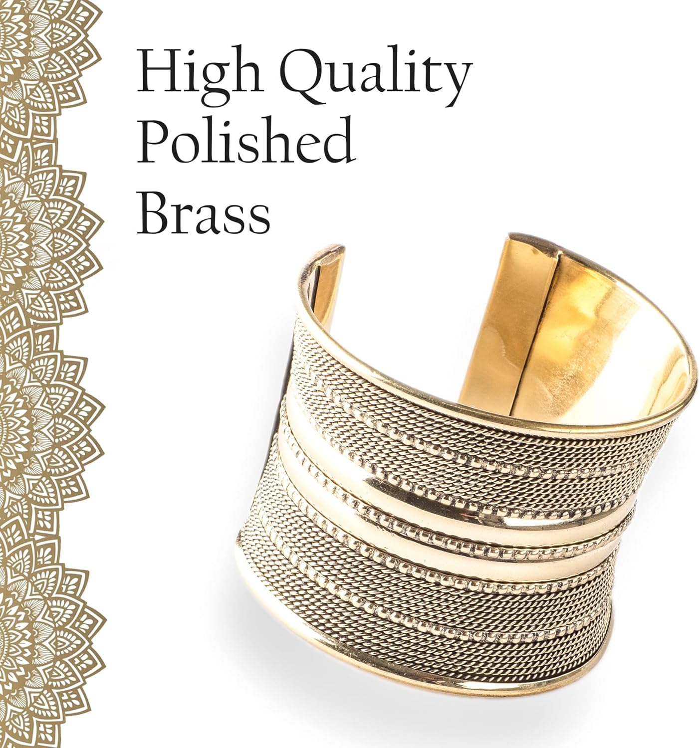 Brass Polished Gold Color Cuff, Indian Hand Made Bangle, Arm Cuff Easy To Wear, Wide Gold Color Brass Based Beautiful Design Bracelet - Image 8