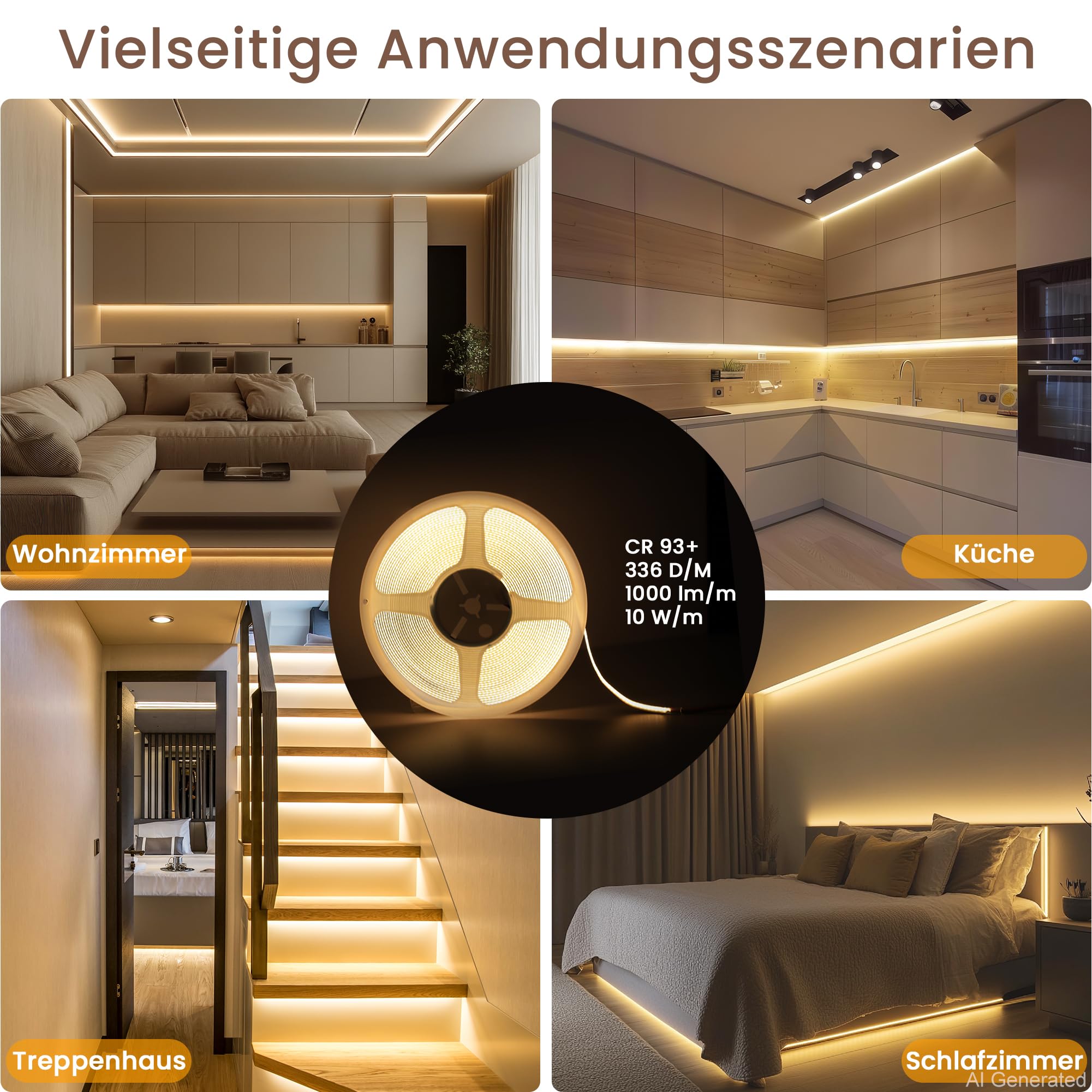 24V COB LED Streifen 20M Dimmbar 3000K LED Strip Warmweiss kürzbar, Alexa Kompatibel, 10W/M, 336 LEDs/M, CRI 93+, 1000lm/M LED Band mit Netzteil für Schlafzimmer, Küchenschränke, Wohnzimmerdecke