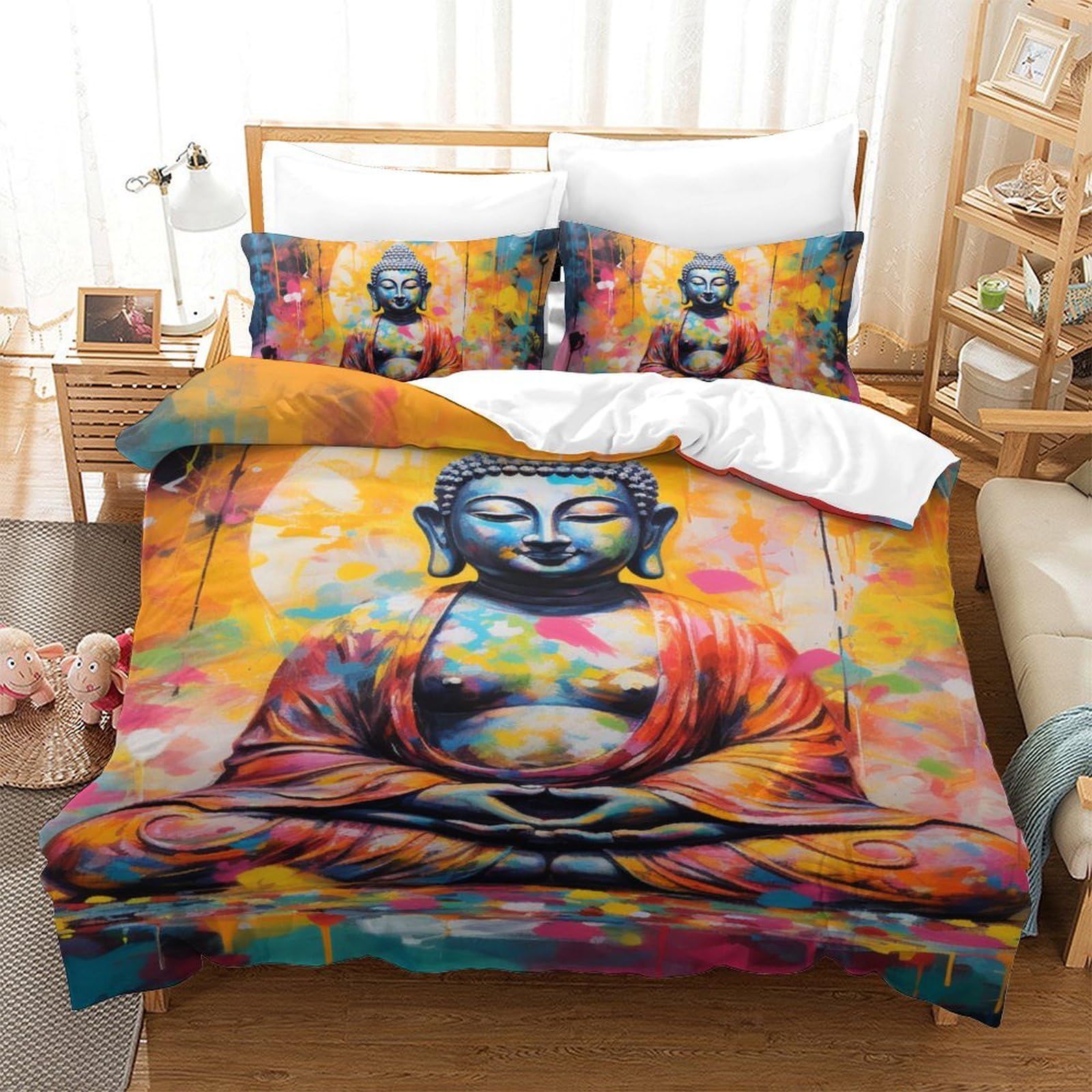 Housse de couette Bouddha anti-plis en microfibre pour lit 1 personne