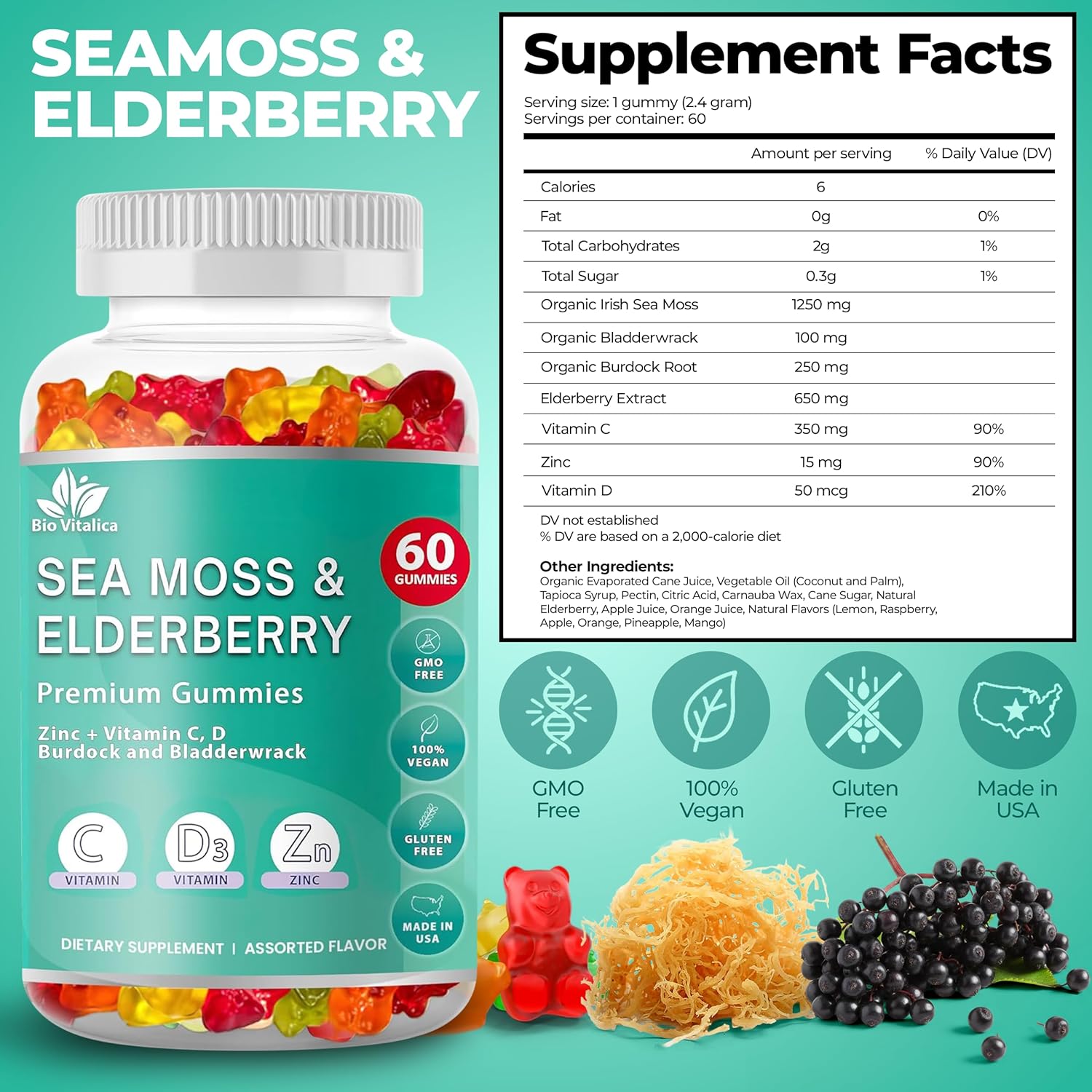 BIO VITALICA Sea Moss Gummies Elderberry BioVitalica - Vitamin C D + Zinc - Irish Seamoss Vegan Gummy with Sea Moss Gel & Powder for Immunity, Detox - for Adults and Kids - Image 2