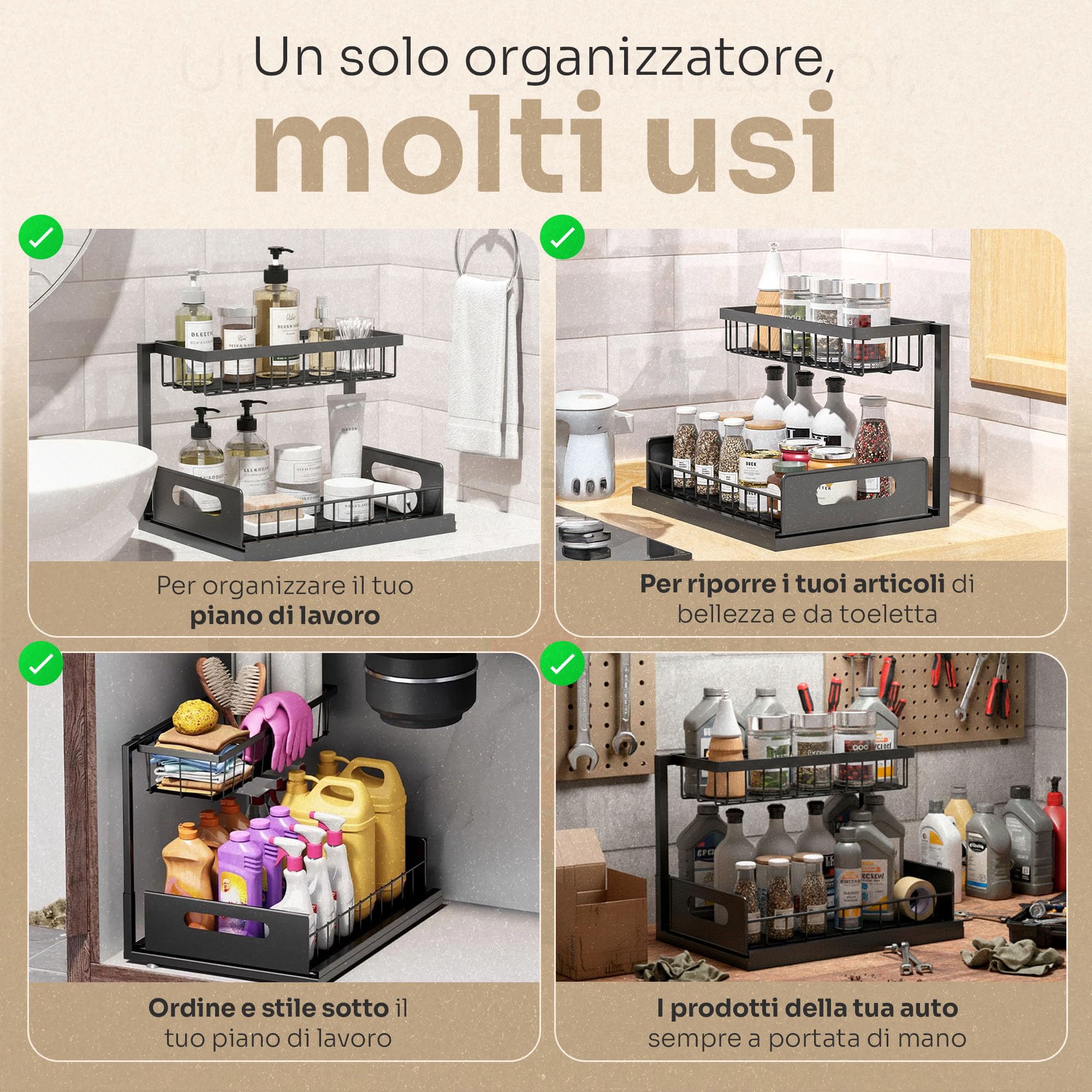 Feyra Organizzatore basso lavello a 2 livelli - Scaffale da cucina in metallo per casa e cucina, stoccaggio e organizzazione, cestini organizzativi con cassetto scorrevole, accessorio da bagno