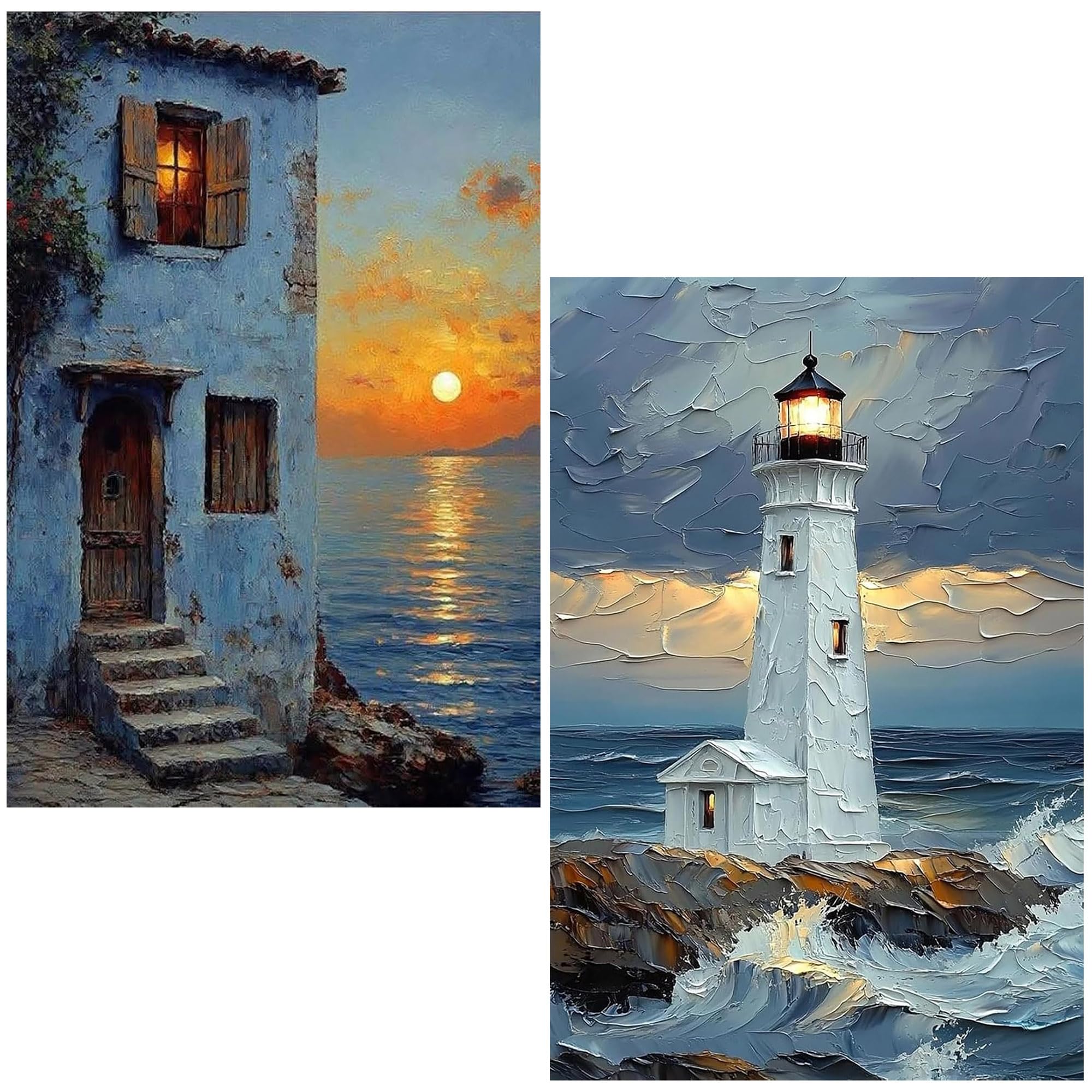 NZNANCHU DIY 2 Pack Paint by Number for Adults,Painting Kits for Adult,Color by Numbers,Seaside Paint by Number Canvas Crafts Watercolor for Beginner Room Decor (Lighthouse)
