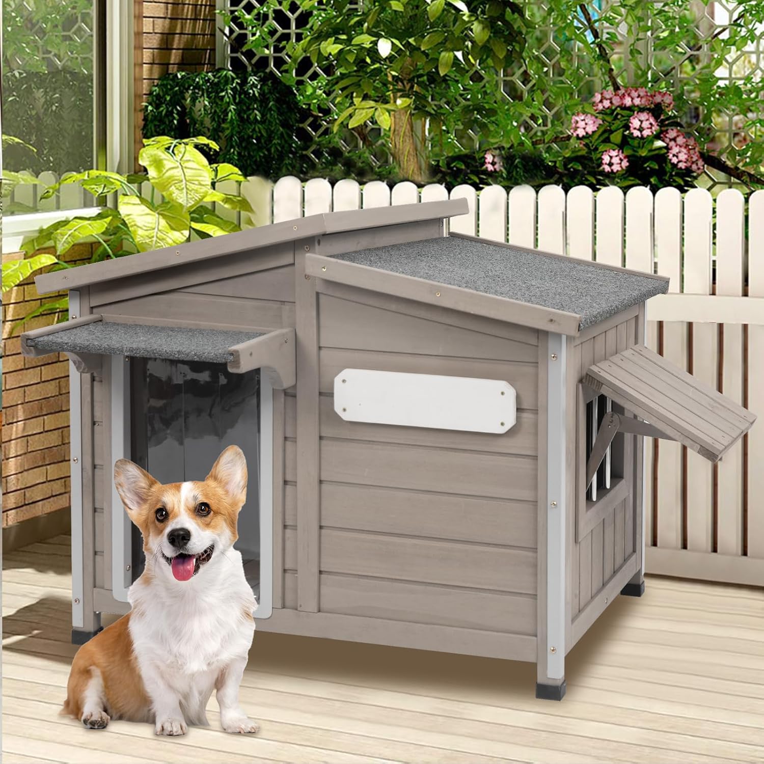 34" L Outdoor Dog House with Removable Floor, Raised Feet, Anti-Chewing Iron Frame  Weatherproof Wooden Kennel with Roof, Movable Window for Indoor/Outdoor Use, Ideal for Small to Medium Dogs