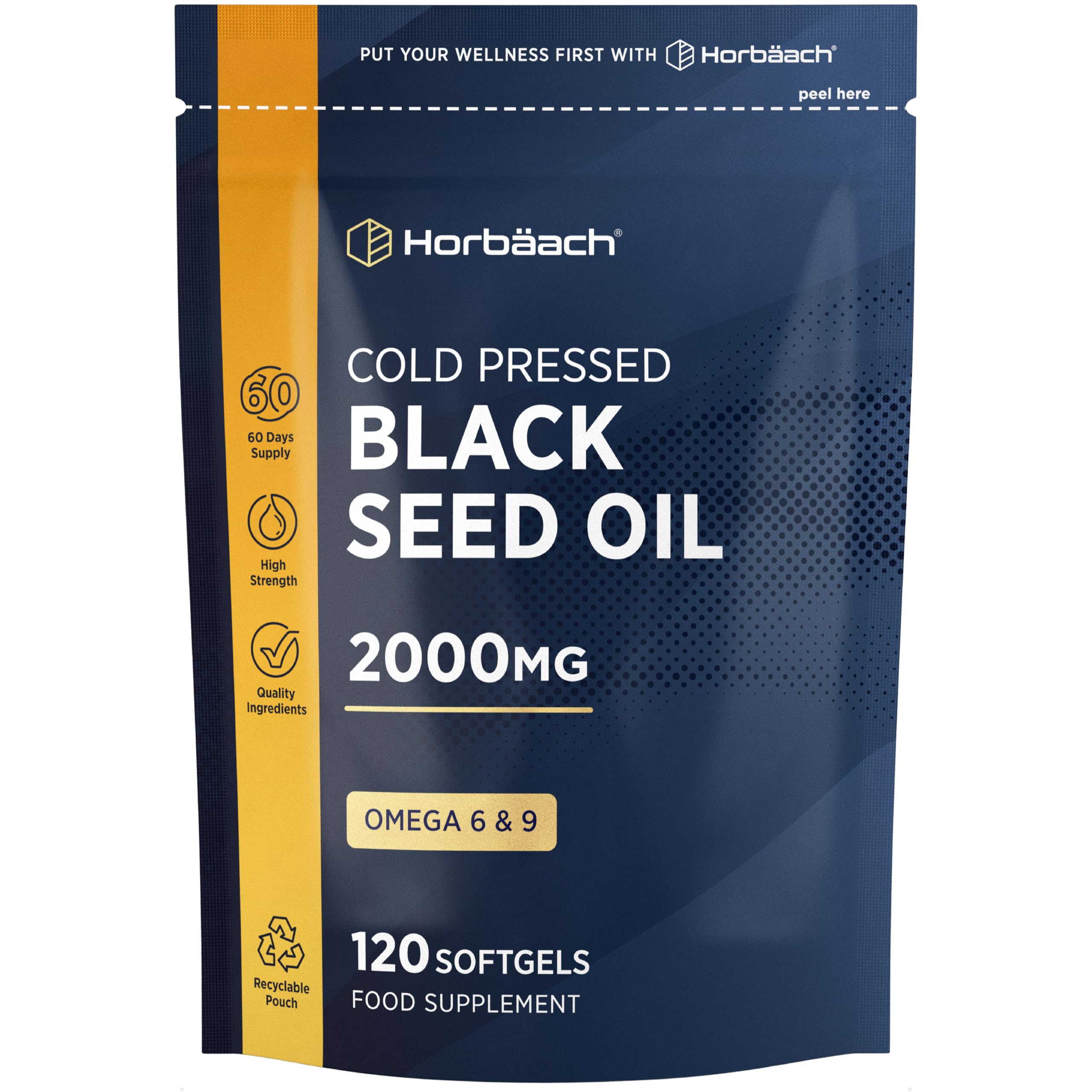 Black Seed Oil Capsules 2000mg | 120 Softgels | Cold Pressed Nigella Sativa Supplement with Omega 6 and 9 | by Horbaach