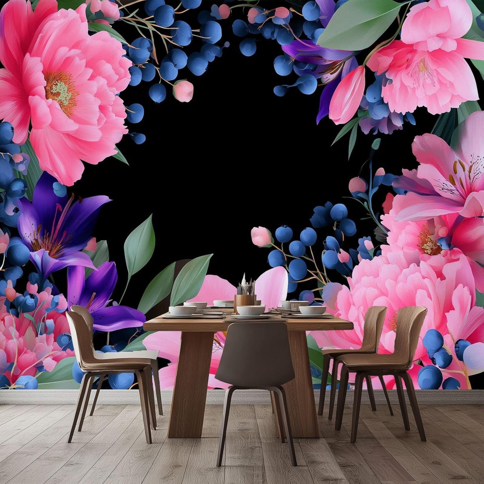 Dreamy Photo Wallpaper with Flowers, Plants, Pink Wall Mural, Blueberries, Peonies, for Living Room, Bedroom, Children's Room – Wall Decoration, 250cm x 175cm Stickers - Frameless Painting - Poster