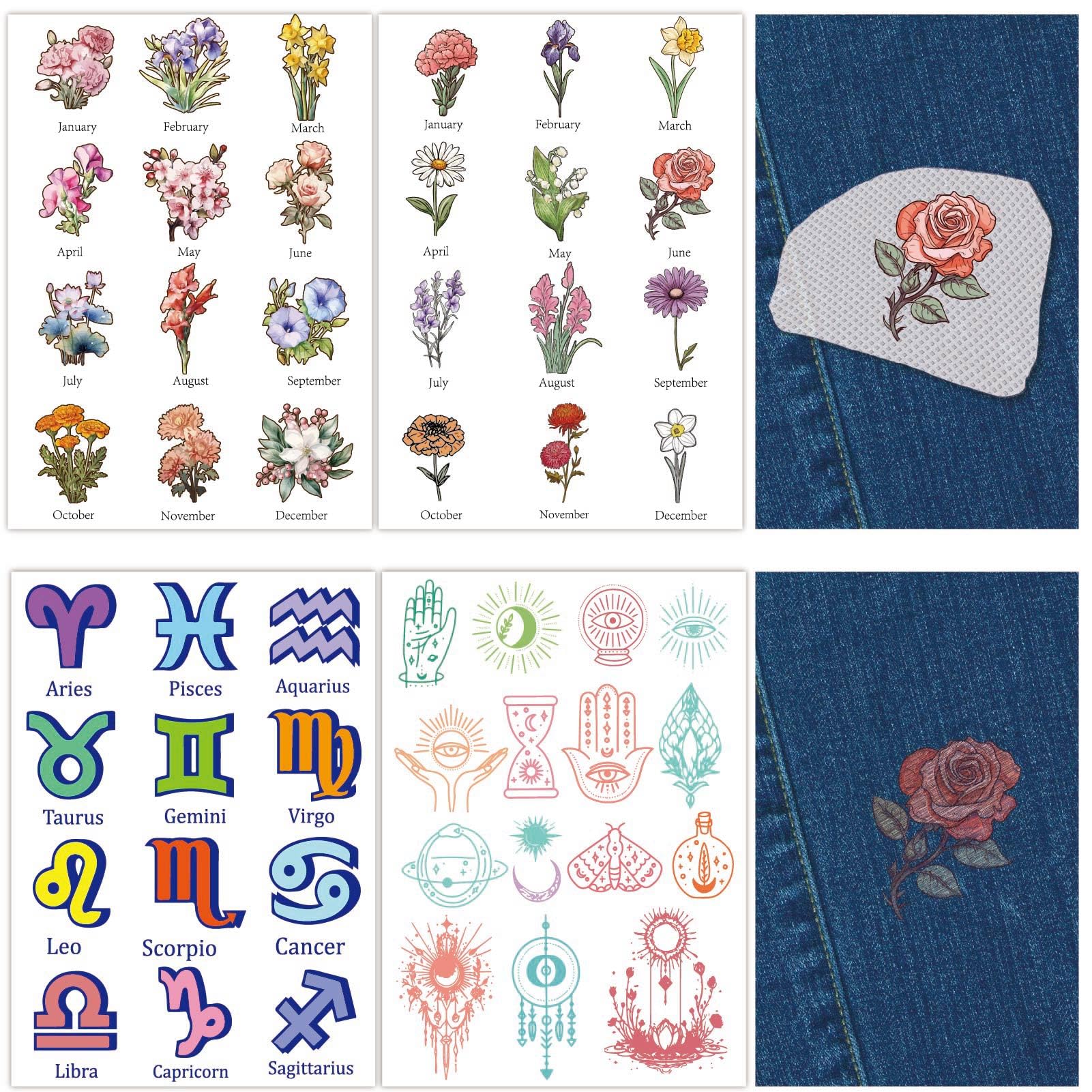 CRASPIRE 4 Sheets 51Pcs Constellation Boho Water Soluble Embroidery Patterns Flowers Sewing Stick and Stitch A4 Transfers Fabric Stabilizers Wash Away Pre-Printed Self Adhesive for Cloth DIY Lover