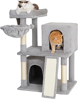 Ouritsu Cat Tree, Large Base Medium-Height Cat Tower, Two Extra Large Cat Condo with Widened Top Perch for Large Cats Indoor, Kitten, Scratching Posts, Ramp and Fluffy Basket, Light Gray, MF001GA