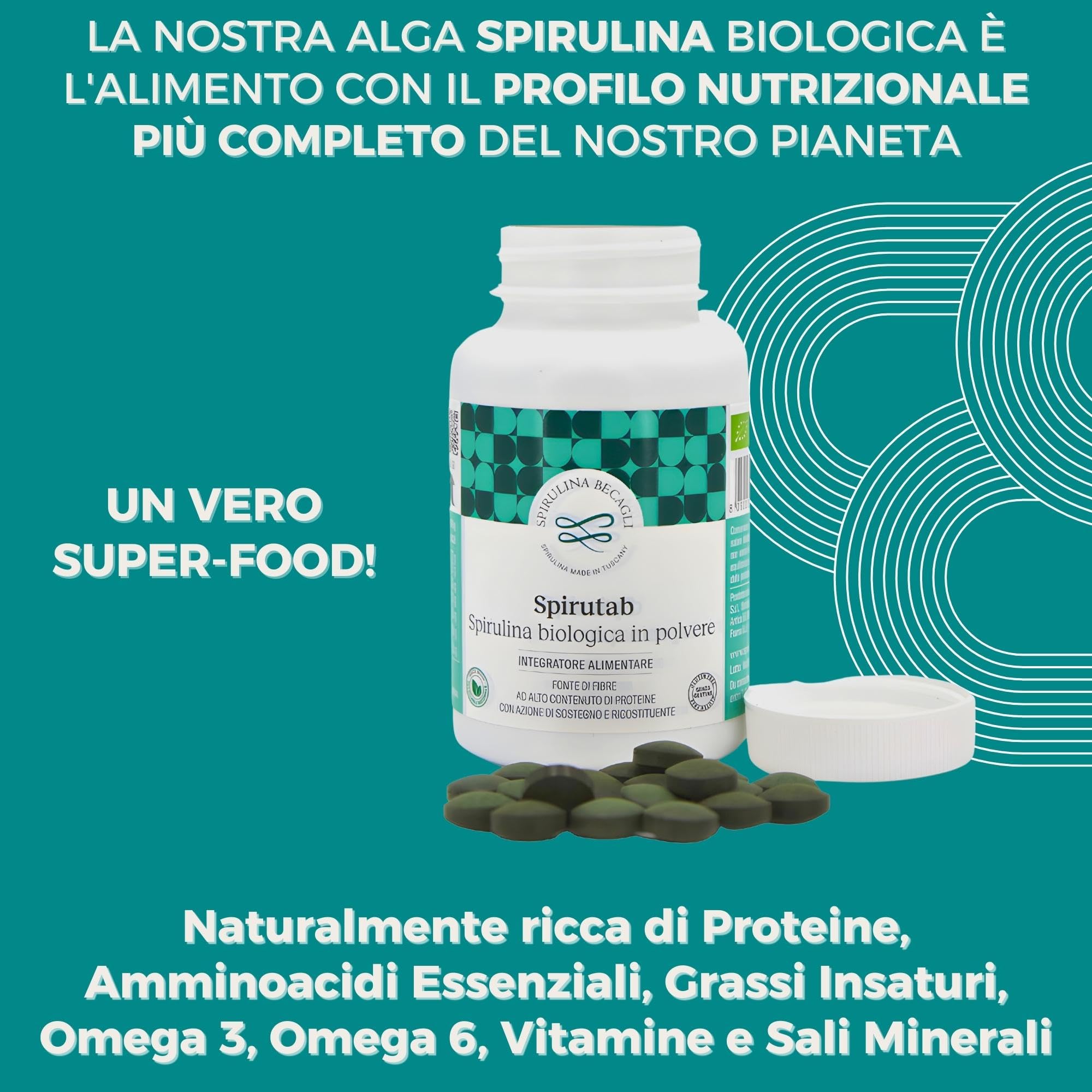 SPIRULINA BECAGLI Spirutab - Spirulina Compresse, Alga Spirulina Integratore Made in Italy, Energia Naturale e Detox, Vegan (180 Compresse (1 Confezione))