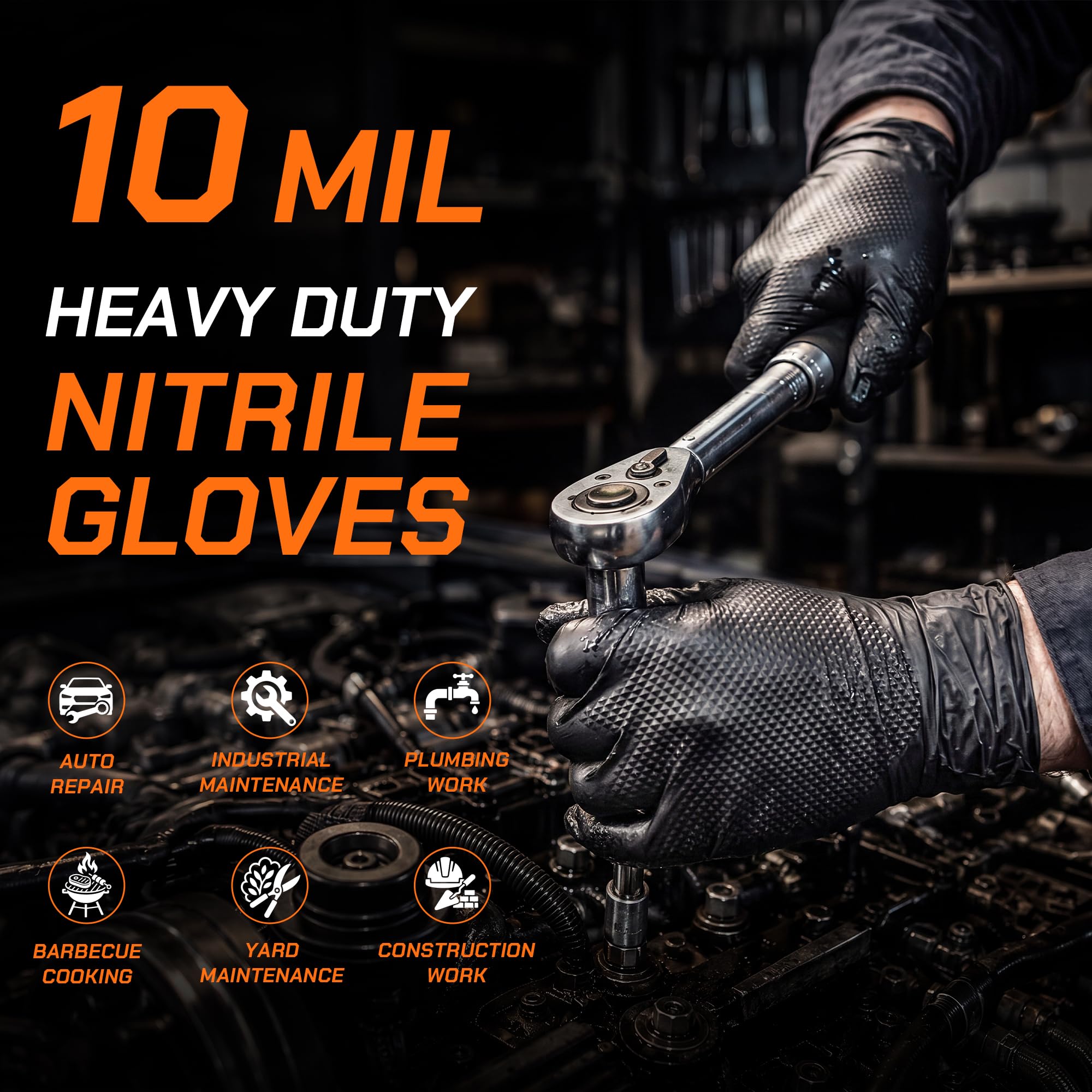 Guanti in nitrile spessi 10 mil, guanti industriali usa e getta con texture a diamante, resistenti, senza lattice (100, L)