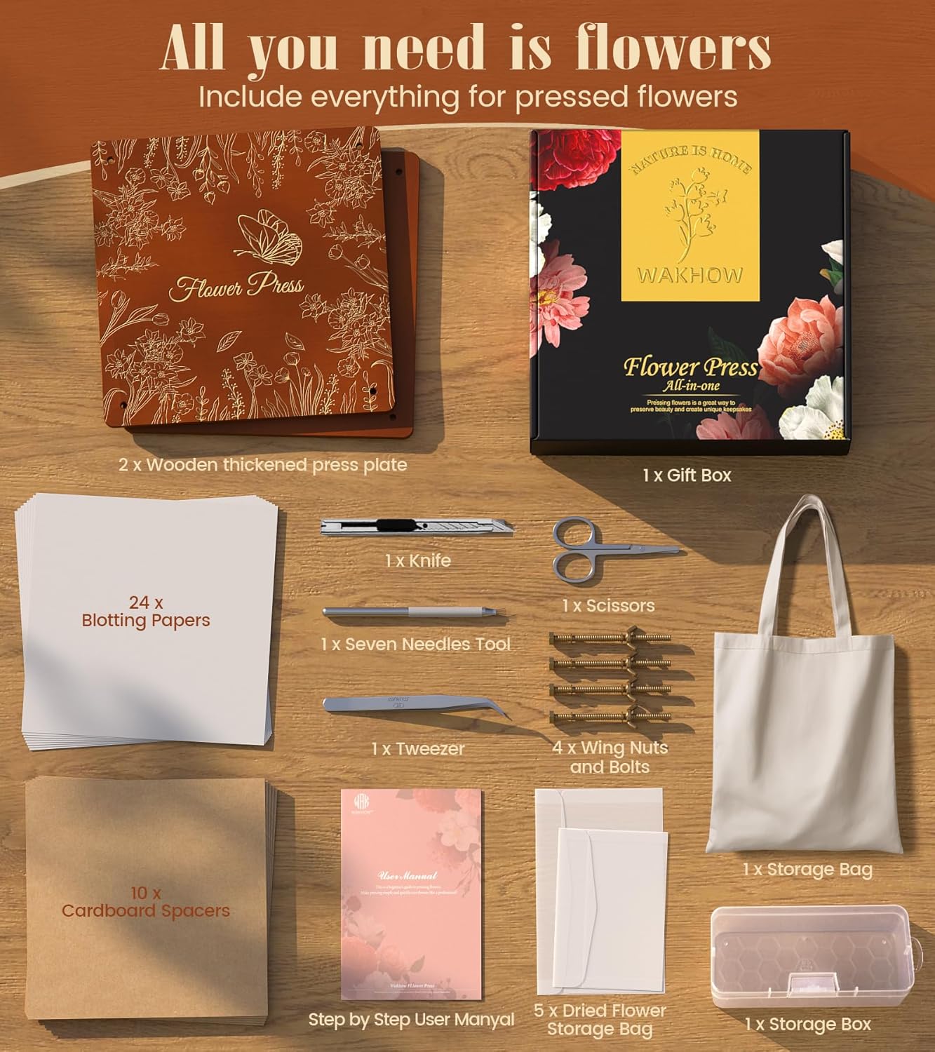 Wakhow Flower Press Kit – 11" x 11" Large Wooden Flower Presser for Adults & Teens | DIY Bouquet Preservation & Dried Flower Art | Ideal Gift for Nature & Craft Lovers（Reddish Brown）