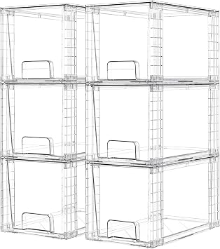 Vtopmart 6 Pack Large Stackable Storage Drawers,Easily Assemble Acrylic Bathroom Closet Undersink Organizers and Storage,Plastic Bins for Kitchen Cabinets,Pantry,Makeup,Medicine Organization