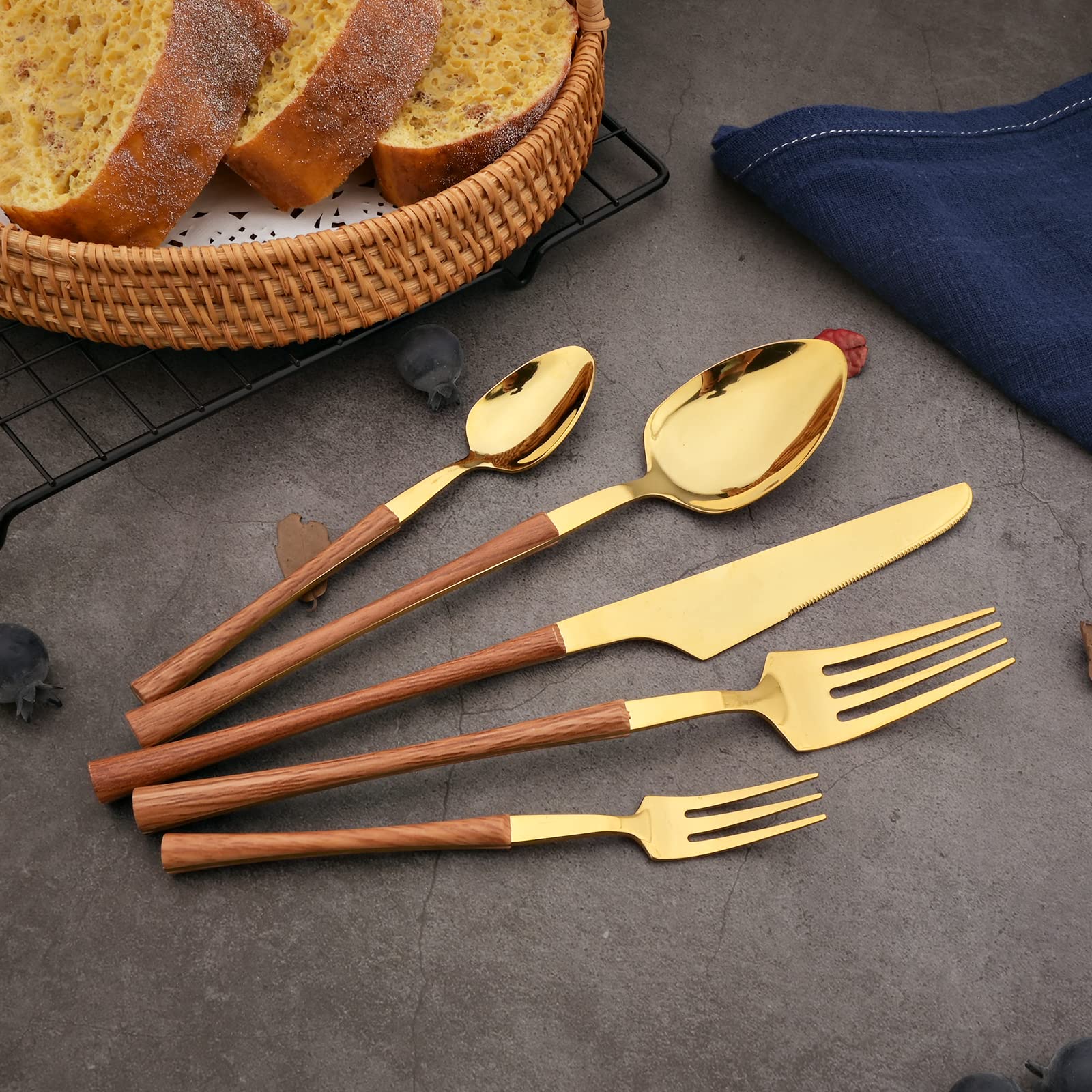 BRIIEC 20-piece Stainless Steel Flatware Set with Wooden Handle, Wood Silverware Set for 4, Mirror, Dishwasher Safe, for Home Kitchen Travel - Small Waist Handle Gold