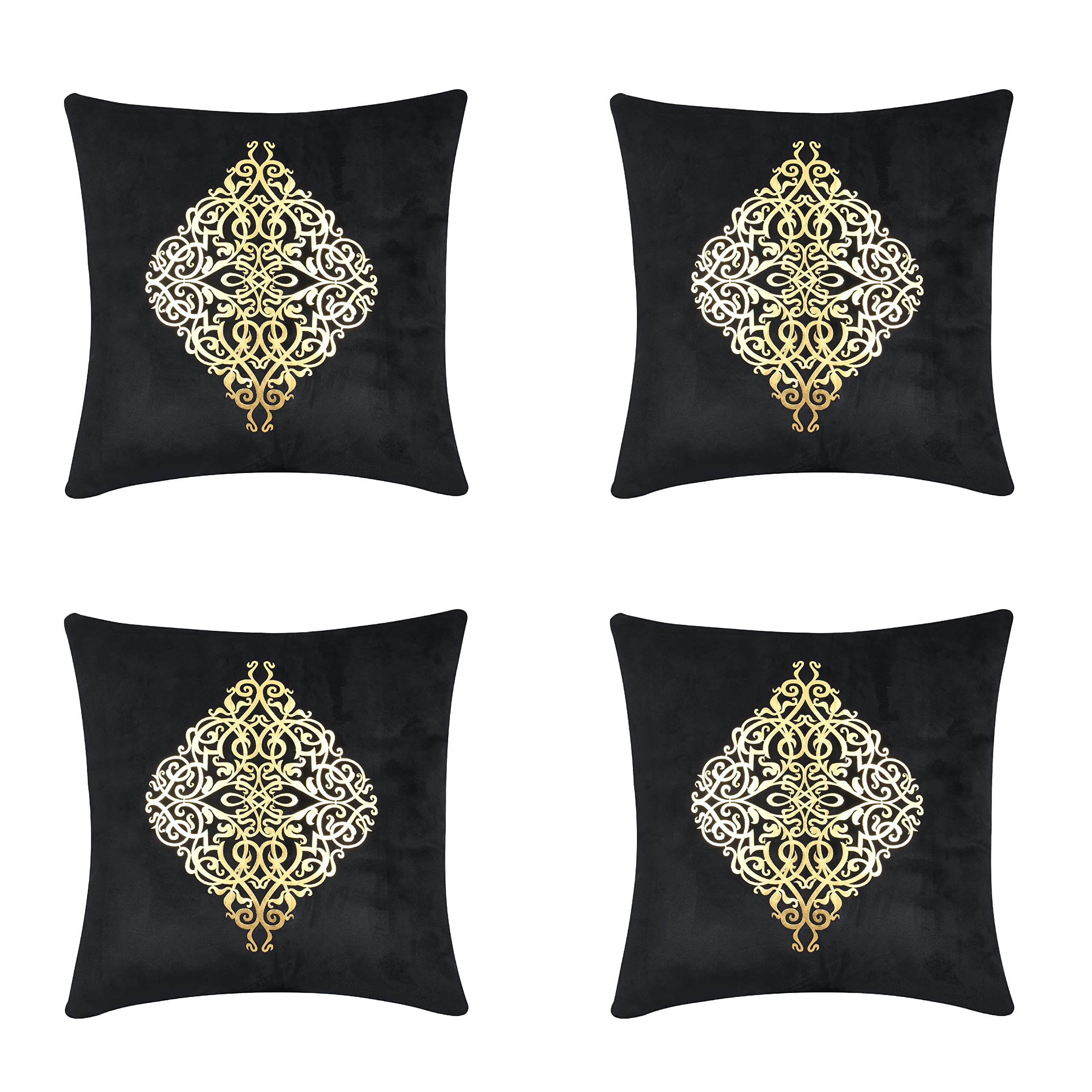 MOTJUSTE 4Pcs Velvet Cushion Covers With Golden Motif, Decorative Throw Cushion Covers With Zipper Clouser, Suitable for Sofa, Bedroom, & Car, Midnight Black Color, 40x40 CM, Set of 4