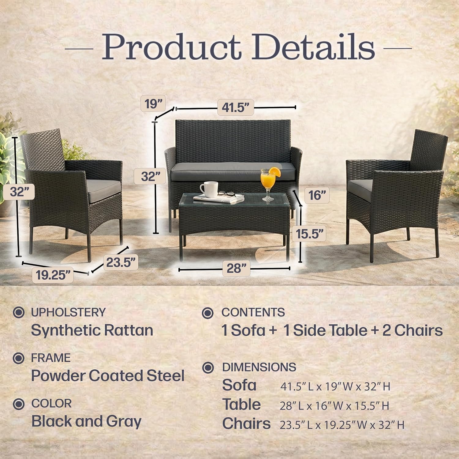 4-Piece Patio Furniture Set - Rattan Outdoor Couch, 2 Patio Chairs, and Table Combo - Cushioned Deck, Pool, or Porch Furniture by Lavish Home (Black)