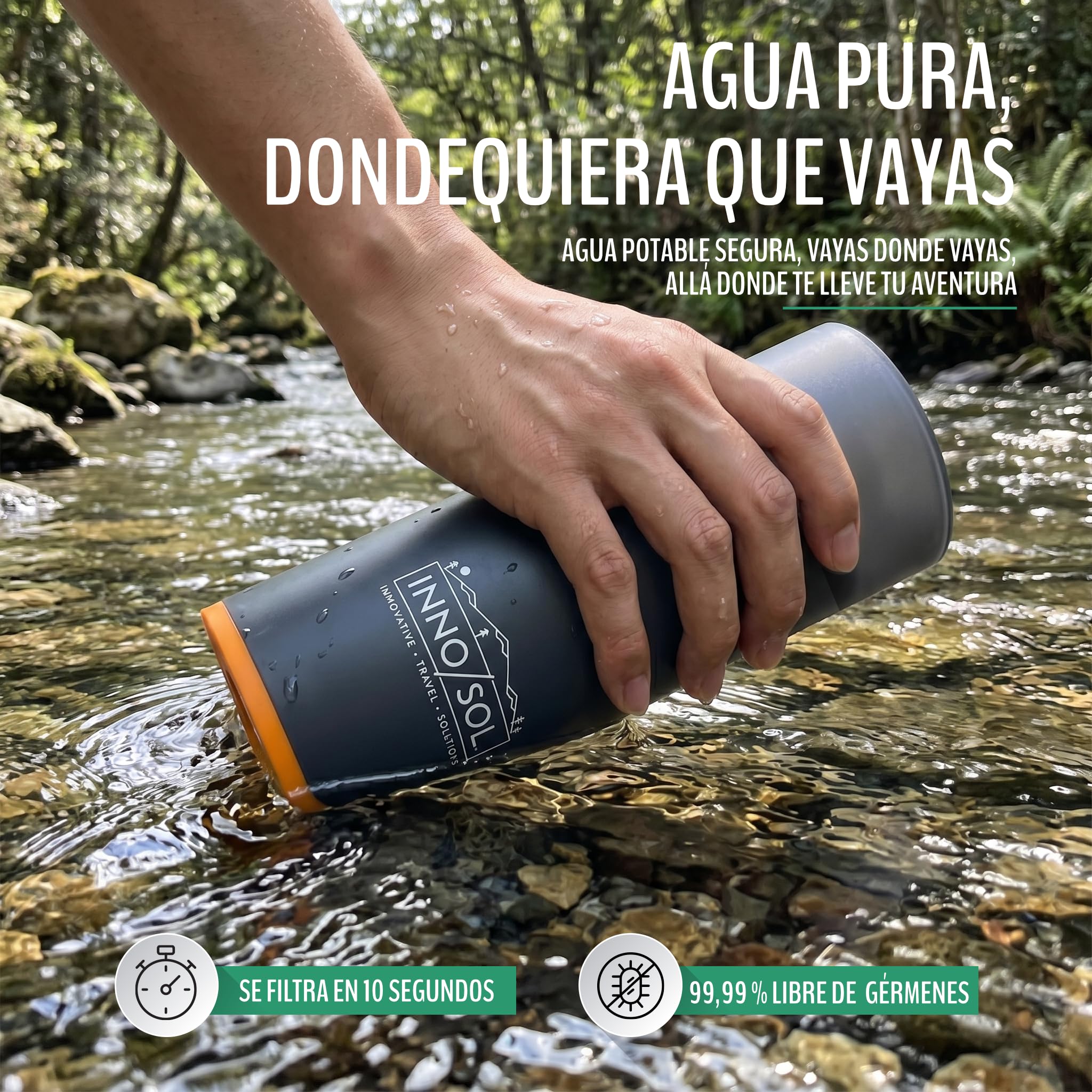 Botella con filtro de agua supervivencia, 500 ml, con mosquetón | Para senderismo y emergencias: jarra de agua con filtro que hace potable cualquier río en segundos