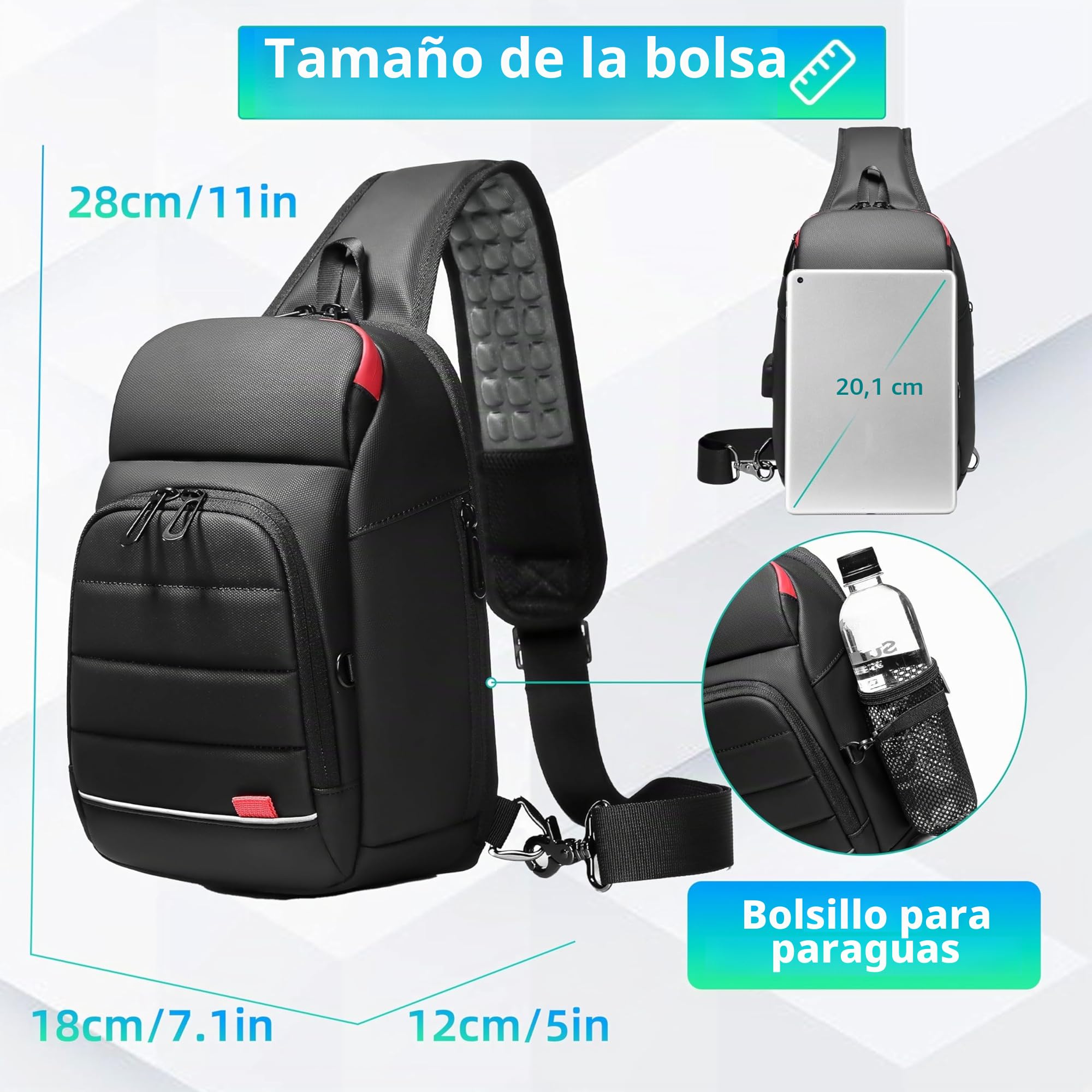 Mochila Cruzada Hombre Bolso Pecho Impermeable 7,9" Bandolera Cruzada con USB Bolso Práctico Para Viaje Deporte Oficina Unversidad-Negro
