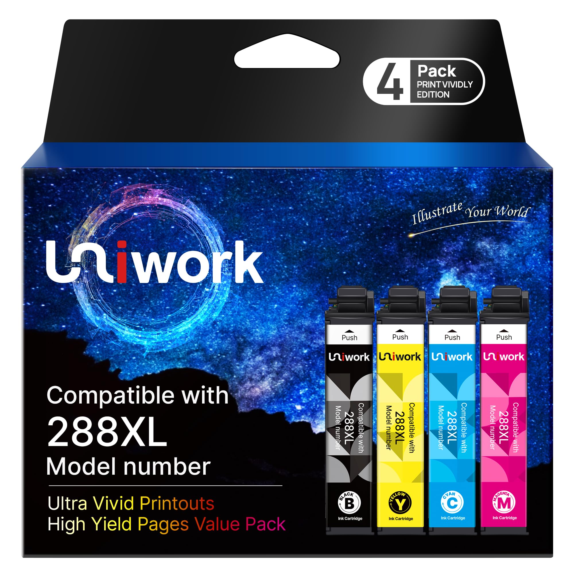 Uniwork 288XL Ink Cartridges Remanufactured for Epson 288 Ink Cartridges Combo Pack High Yield to use with XP-440 XP-330 XP-340 XP-430 XP-446 XP-434 Printer (4 Pack, T288 T288XL with Latest Chip)