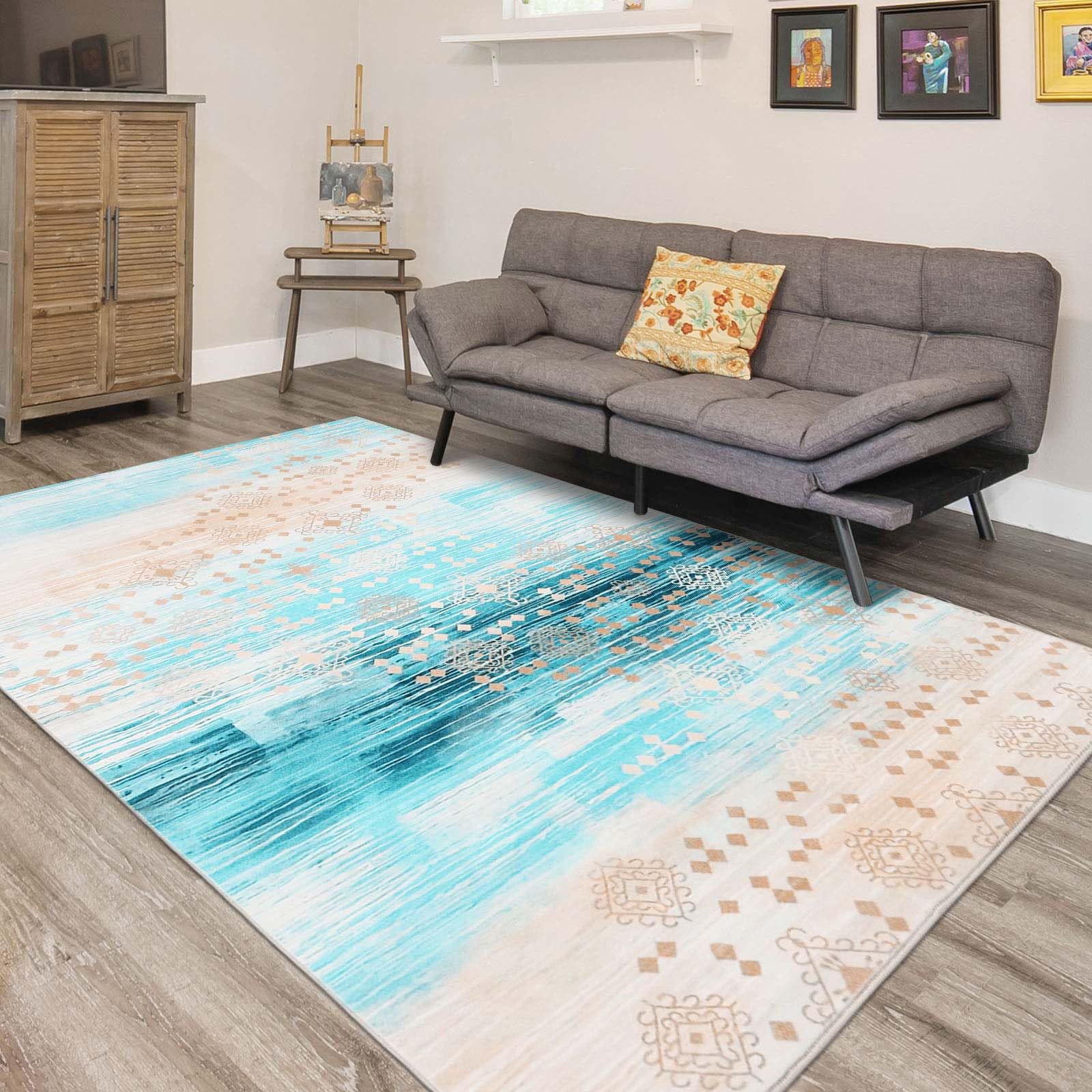 Betadistor Alfombra grande de pelo corto, 160 x 230 cm, lavable a máquina, suave, de pelo corto, gris, moderna, antideslizante, abstracta, azul y gris, 304-03160