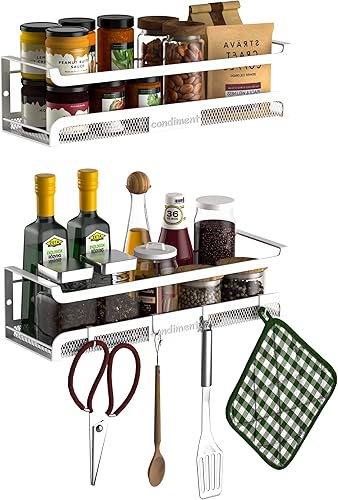 Miniatura 11 de Estante de especias de pared con ganchos, organizador de especias para almacenamiento de gabinetes, estante colgante de pared, organizador de