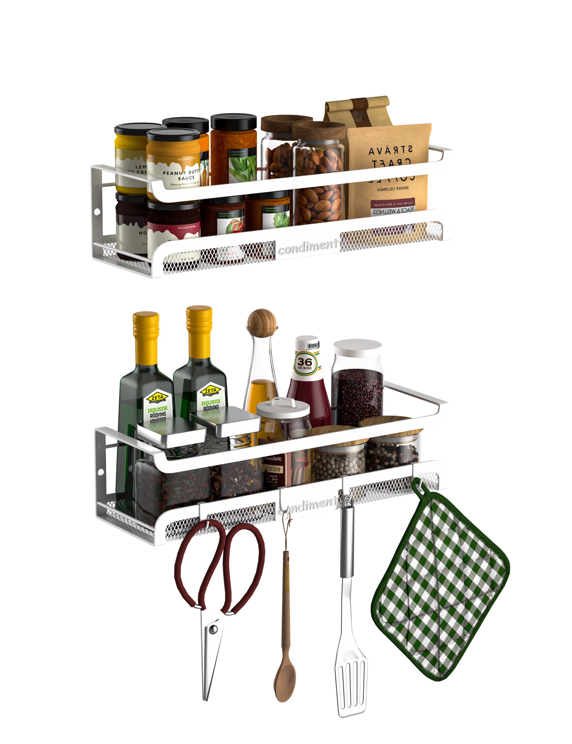 Photo 1 of Couwilson Spice Rack Wall Mount with Hooks - Spice Racks Organizer for Cabinet Storage, Wall Mounted Hanging Shelf Seasoning Organizer, for Kitchen, Pantry Door, Bathroom (White, 2 Pack)