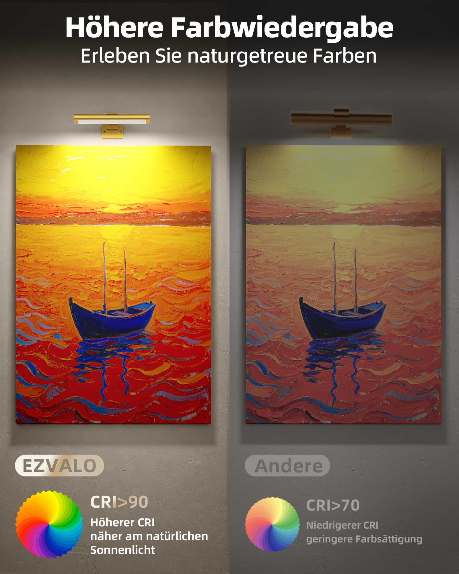 EZVALO Iluminación de Imagen Inalámbrica, Lámpara de Pared Inalámbrica para Interiores, Luces LED con Batería para Espejo de Baño, Cuadros, Pinturas y Fotos (2 Piezas, Oro)