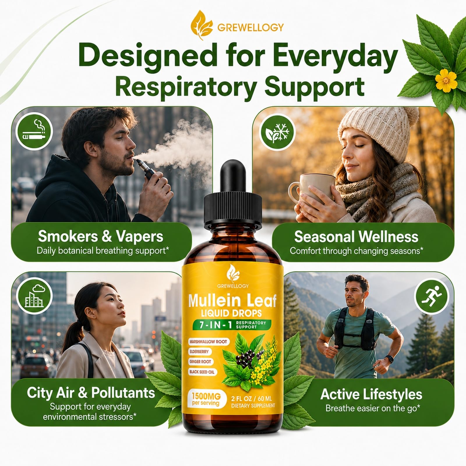 Mullein Drops for Lungs, 7-in-1 1500mg Mullein Leaf Liquid Extract for Lungs Cleanse and Respiratory Support, Lung Detox for Smokers Free Breathing, 2 Fl Oz — Amazon image 5
