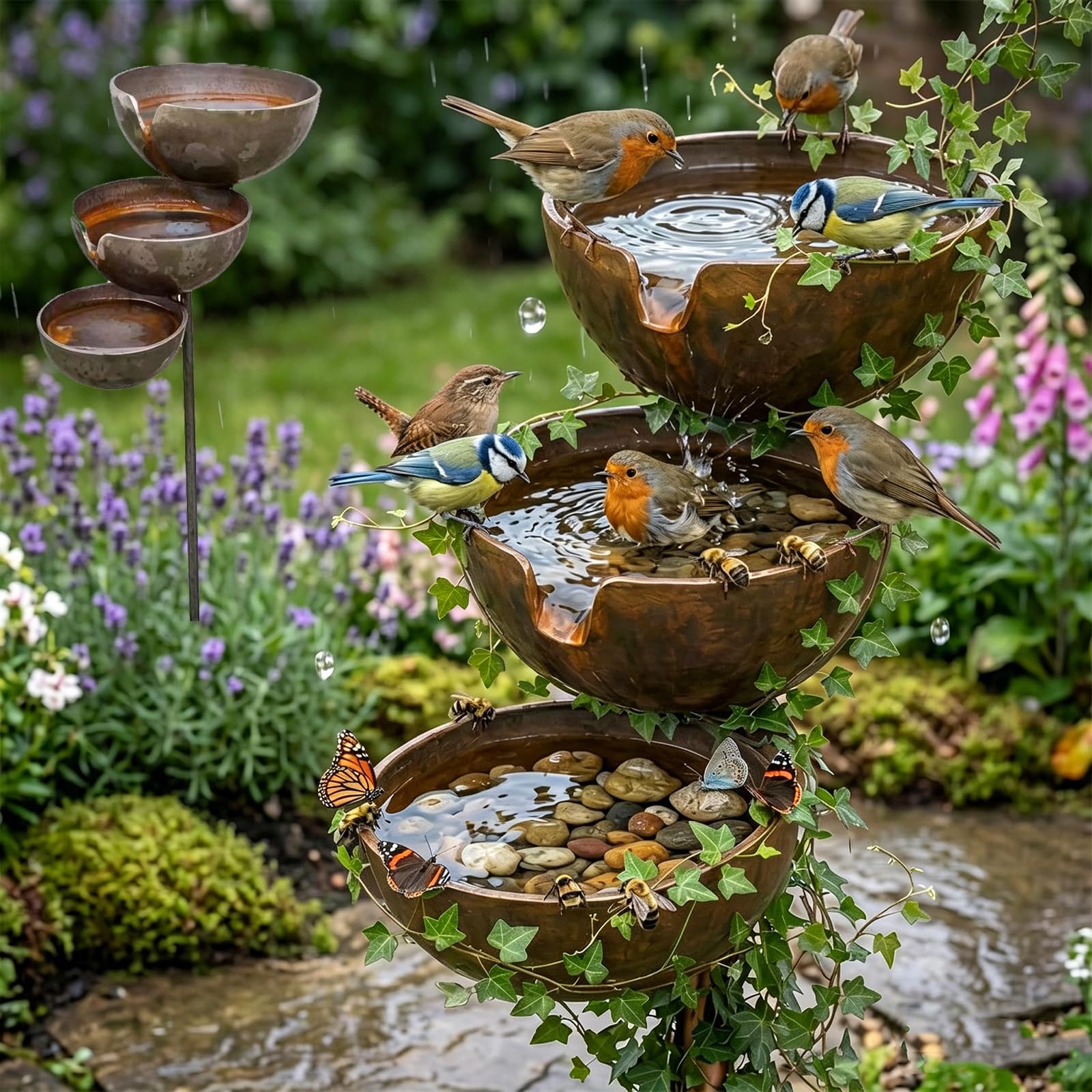 3-Tier Cascading Rain Catcher Bird Bath, Self-Filling Metal Bird Bath, 68x12x5cm, Rain Catchers for Garden, Vintage Rain Catcher Garden Ornament, for Bird Attraction & Climbing Plant Support (1PC)