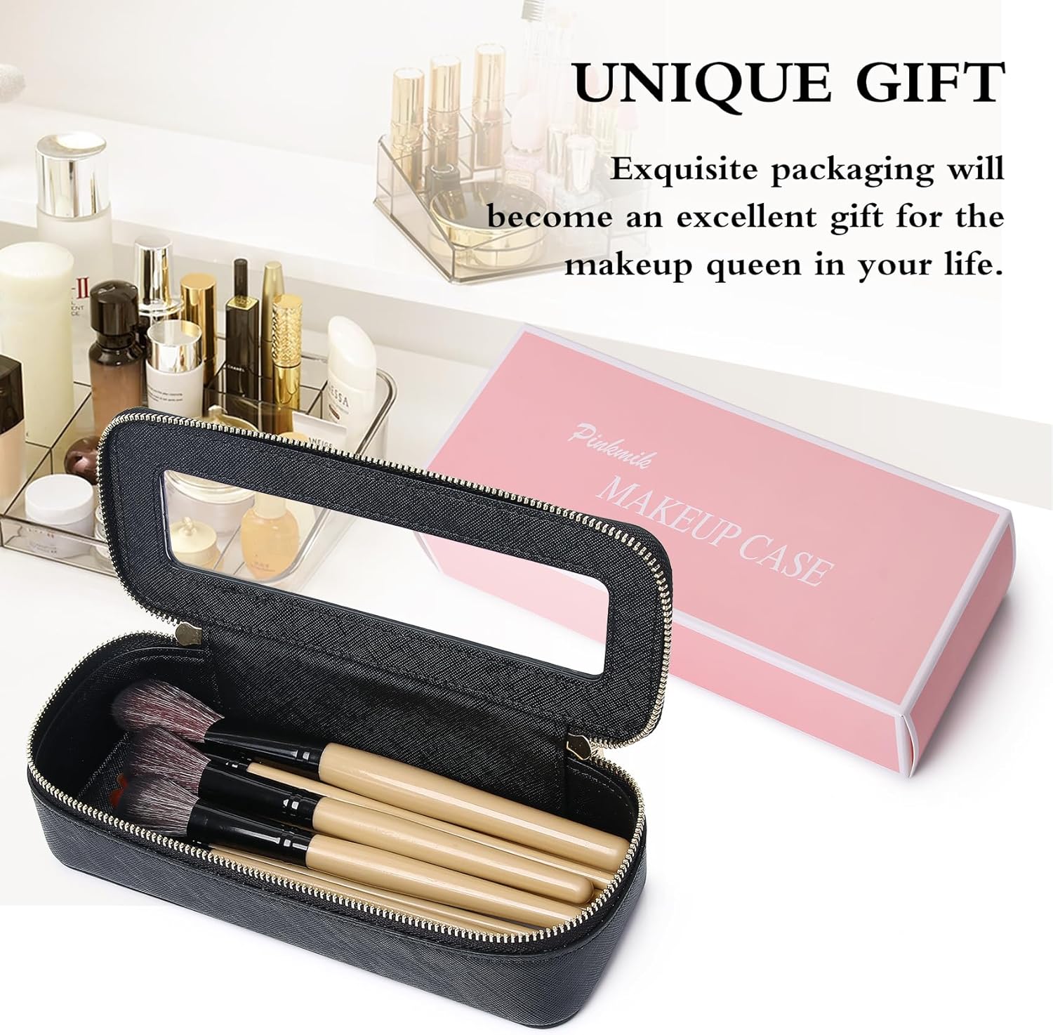 Pinkmik Makeup Brush Case Clear Travel Cosmetic & Toiletry Bag Small Makeup Bag with Zipper Purse Organizer Car Essential Bag for Women (Black, SLIM) - Image 7