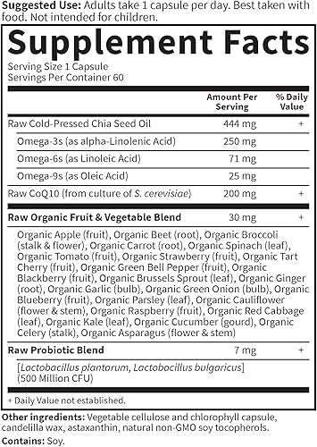 Miniatura 5 de Jardín de vida Vegetariana Omega 369SuplementoRaw CoQ10Chia Seed Oil Whole Food Nutrition con antioxidante Apoyo 60Cápsulas