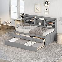 Vista 1 de Harper & Bright Designs Sofá cama individual de almacenamiento con nido, cajones, estantería, marco de cama de capitán individual de madera maciza