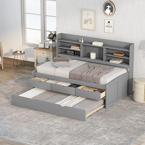Miniatura 3 de Sofá cama versátil con 3 cajones de almacenamiento y nido cama capitán de madera de tamaño individual con estanterías integradas para sala de estar