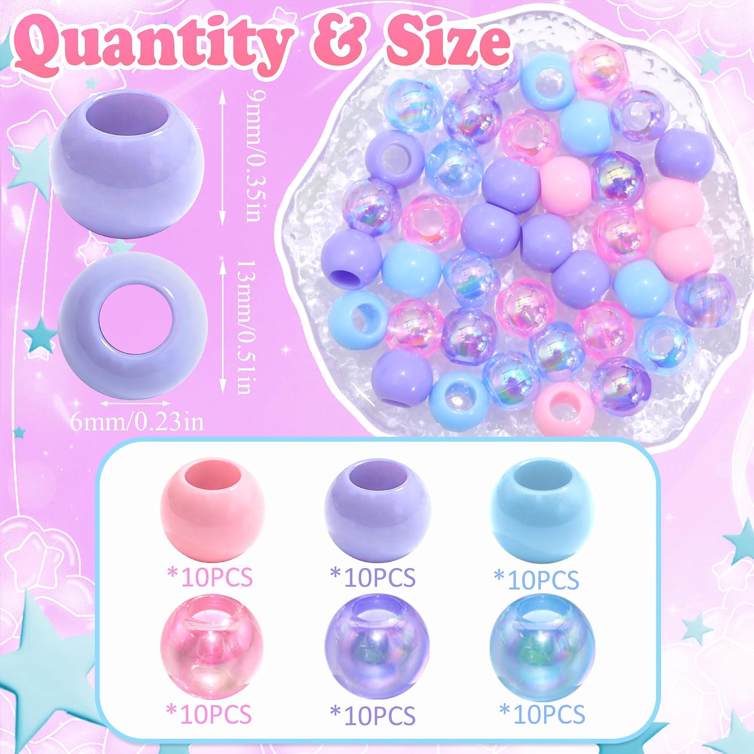 NAISKA 60PCS Blue Pink Hair Beads Purple Beads for Braids Iridescent Mermaid Dreadlock Pony Bead 3 Colors Loc Jewelry Summer Hair Accessories for Kids Girls image 4