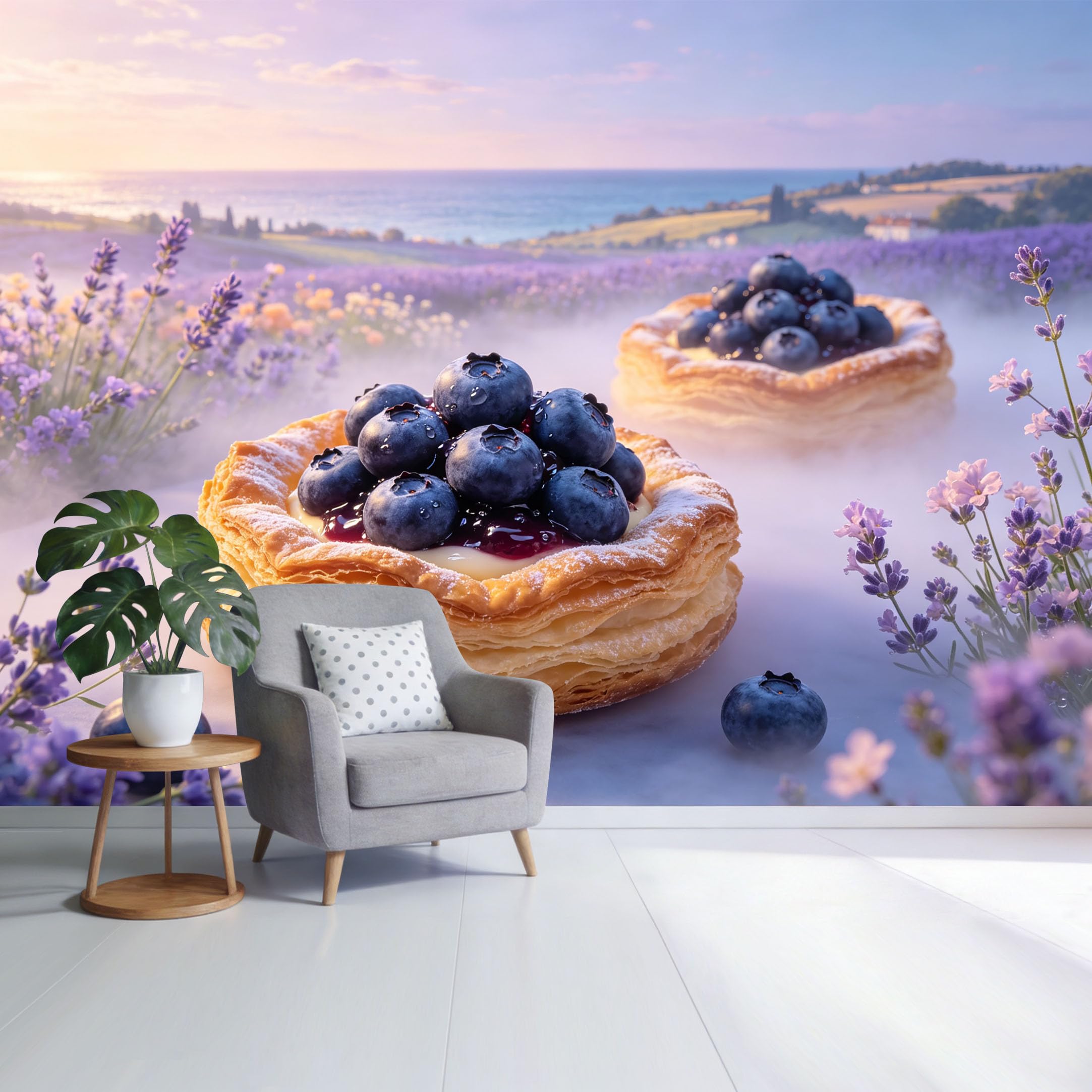 Custom Size Wall Mural Blueberry Pastry Lavender Field Coastal Landscape Watercolor Style SelfAdhesive Wall Fabric Removable Wallpaper for Home Office Decor