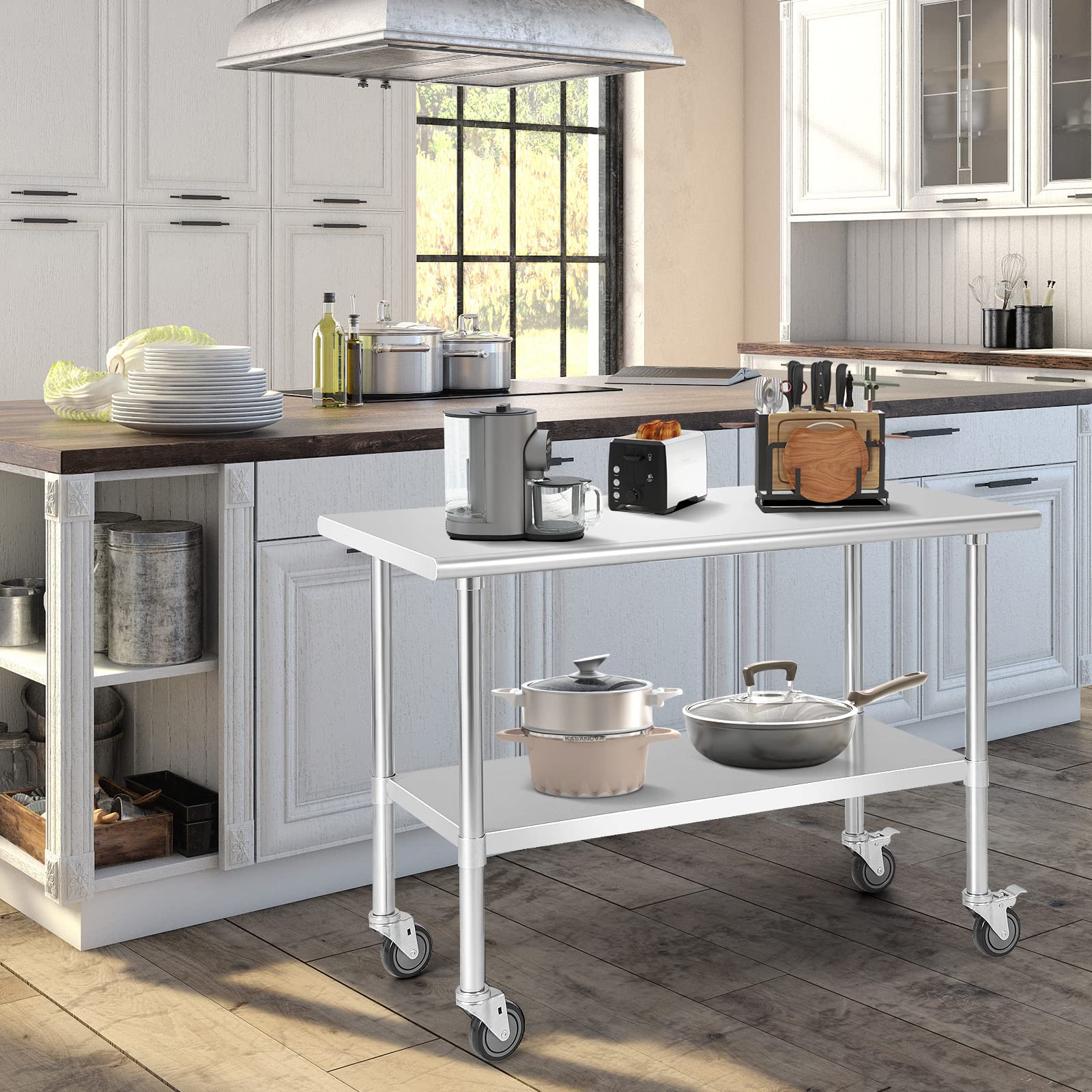 GIANTEX Mesa de Acero Inoxidable con Ruedas Universales, Carrito de Trabajo con Sobremesa Amplia y Estante Inferior Ajustable, Mesa de Preparación de Metal Móvil para Cocina, Restaurante