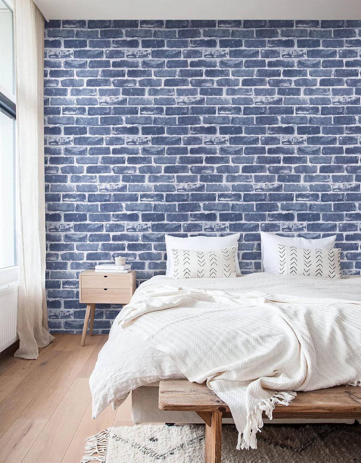 Timeet Blue Brick Wallpaper Peel and Stick Wallpaper 17.7" x 393.7" Self-Adhesive Removable Brick Textured Wallpaper for Bedroom Kitchen Backsplash Decoration