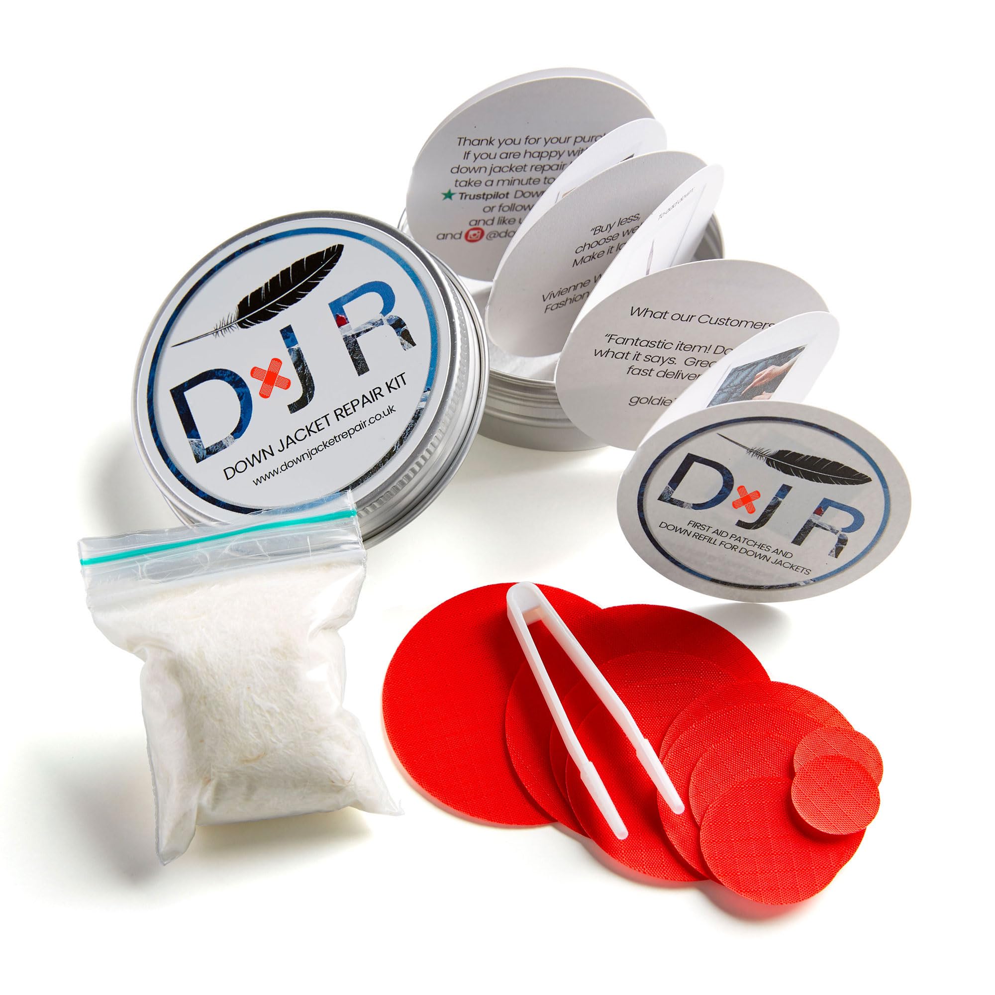 DJR COMPLETE DOWN JACKET REPAIR KIT - 10 Easy to Use, Pre-Cut, Self-Adhesive, Waterproof, Tear-Resistant Patches + 1g Pure Goose Down to Fix Holes in Down Jackets, Outdoor Gear (Red) — image 1