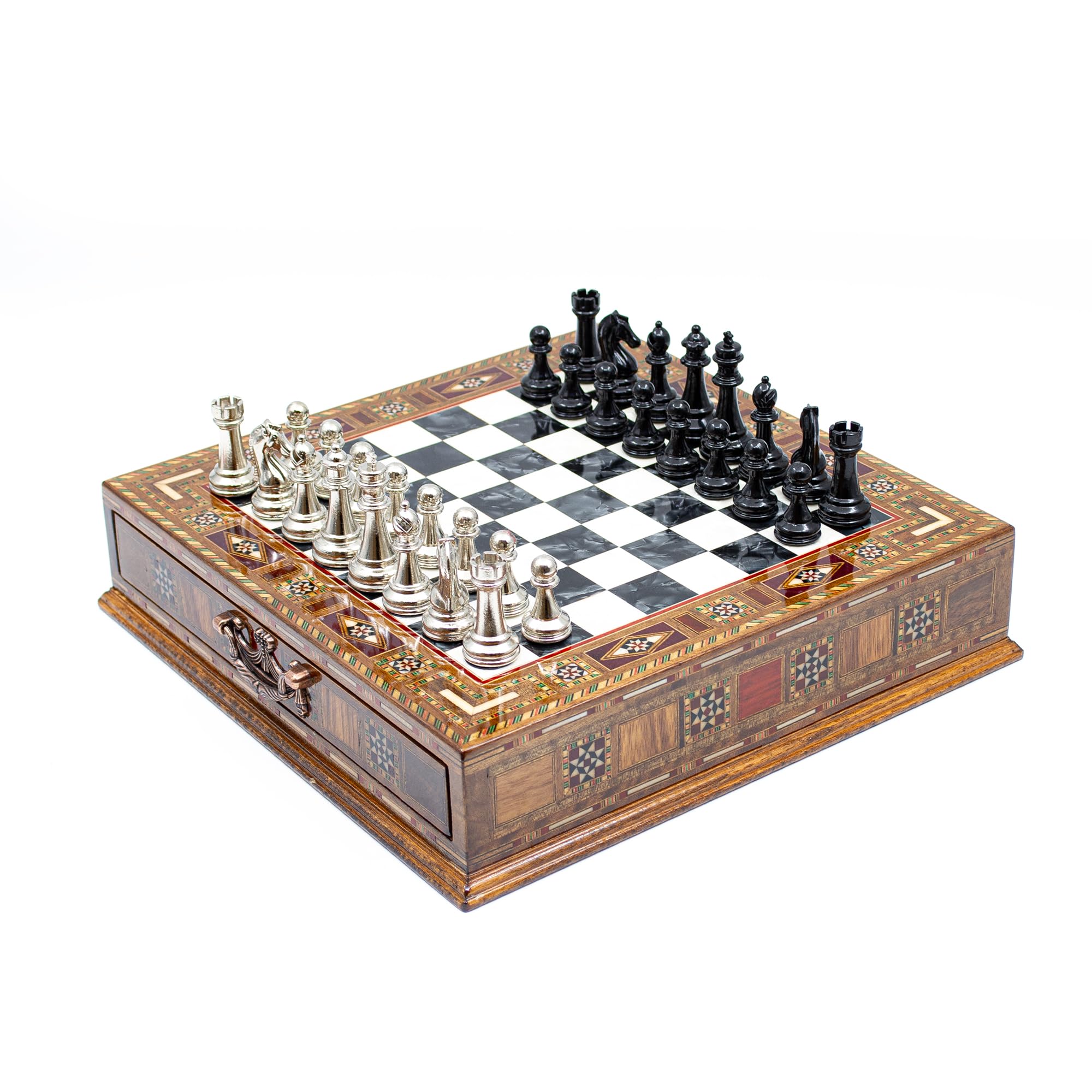 GrandGiftStore Handmade Chess Set With Storage, Luxury Chess Set, Stylish Wooden Black-Silver Chess Pieces, Adult Chess Set/Black