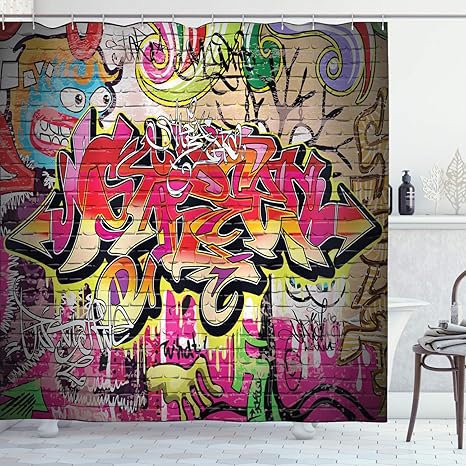 Amazon Com Ambesonne Brick Wall Shower Curtain Graffiti On Wall Urban Street Art With Spray Paint Tagger Underground Theme Cloth Fabric Bathroom Decor Set With Hooks 84 Long Extra Soft Red Home