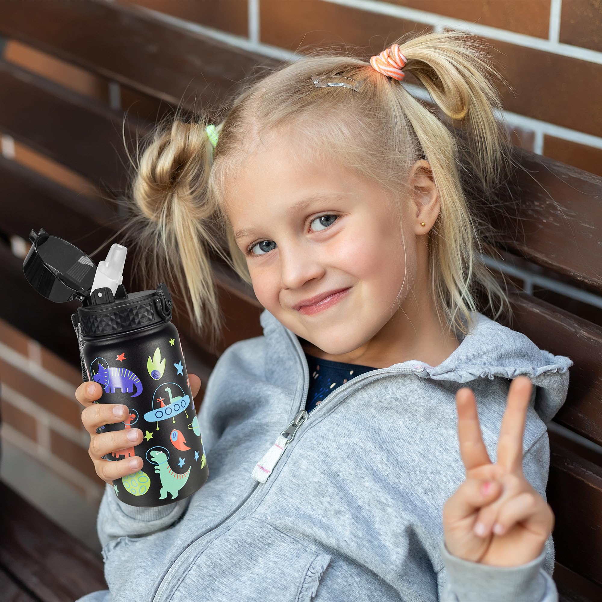 Botella de agua para niños (tapa con pajilla), botella de viaje de acero inoxidable de 14 onzas, doble pared al vacío a prueba de fugas, taza para niños y niñas, dinosaurio espacial 8