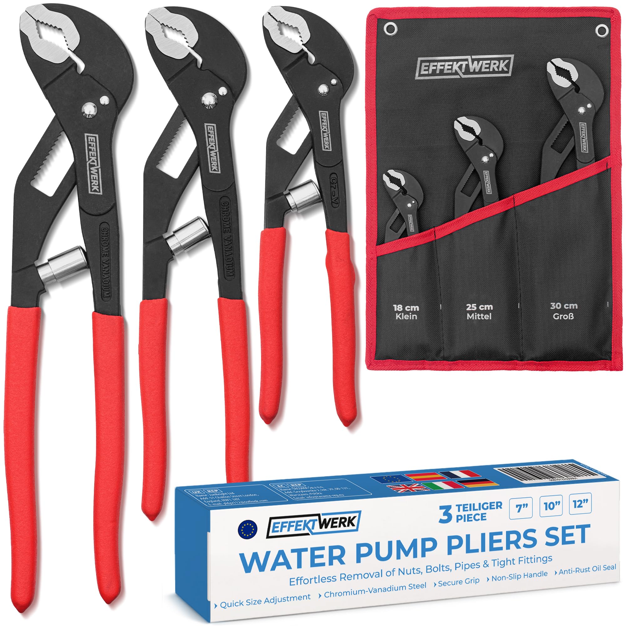 EffektWerk - 3-teiliges verstellbares Winkel-Nasen-Gleitgelenk-Zangen-Set - 180 mm, 245 mm, 300 mm - Selbstverstellende Nut- und Federzangen für Rohre, Armaturen